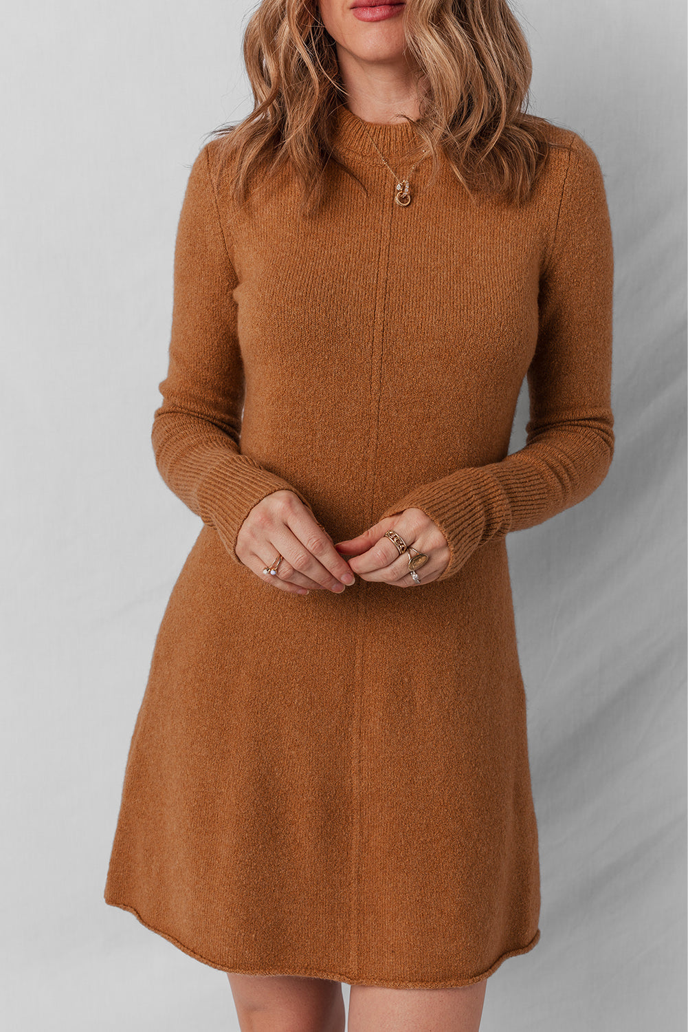 Yellow Rib-Knit Straw Rib-Knit Detail Solid Mini Knit Top Dress