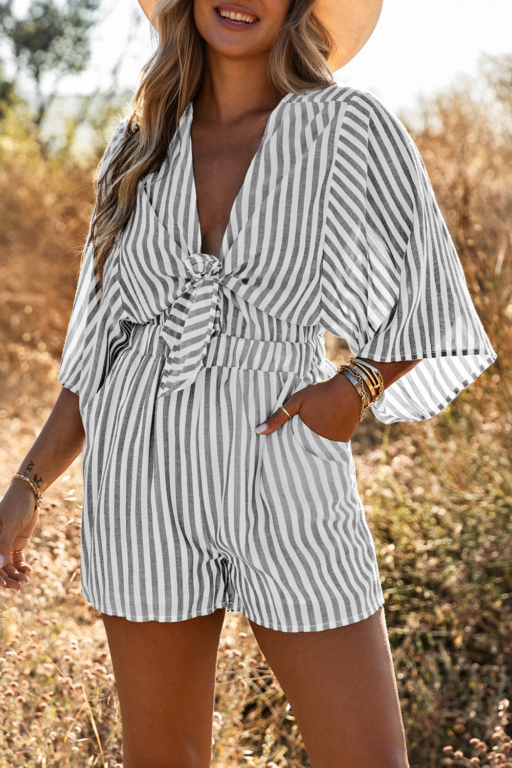 Women's Romper Featuring Kimono Sleeves Tie Front Striped