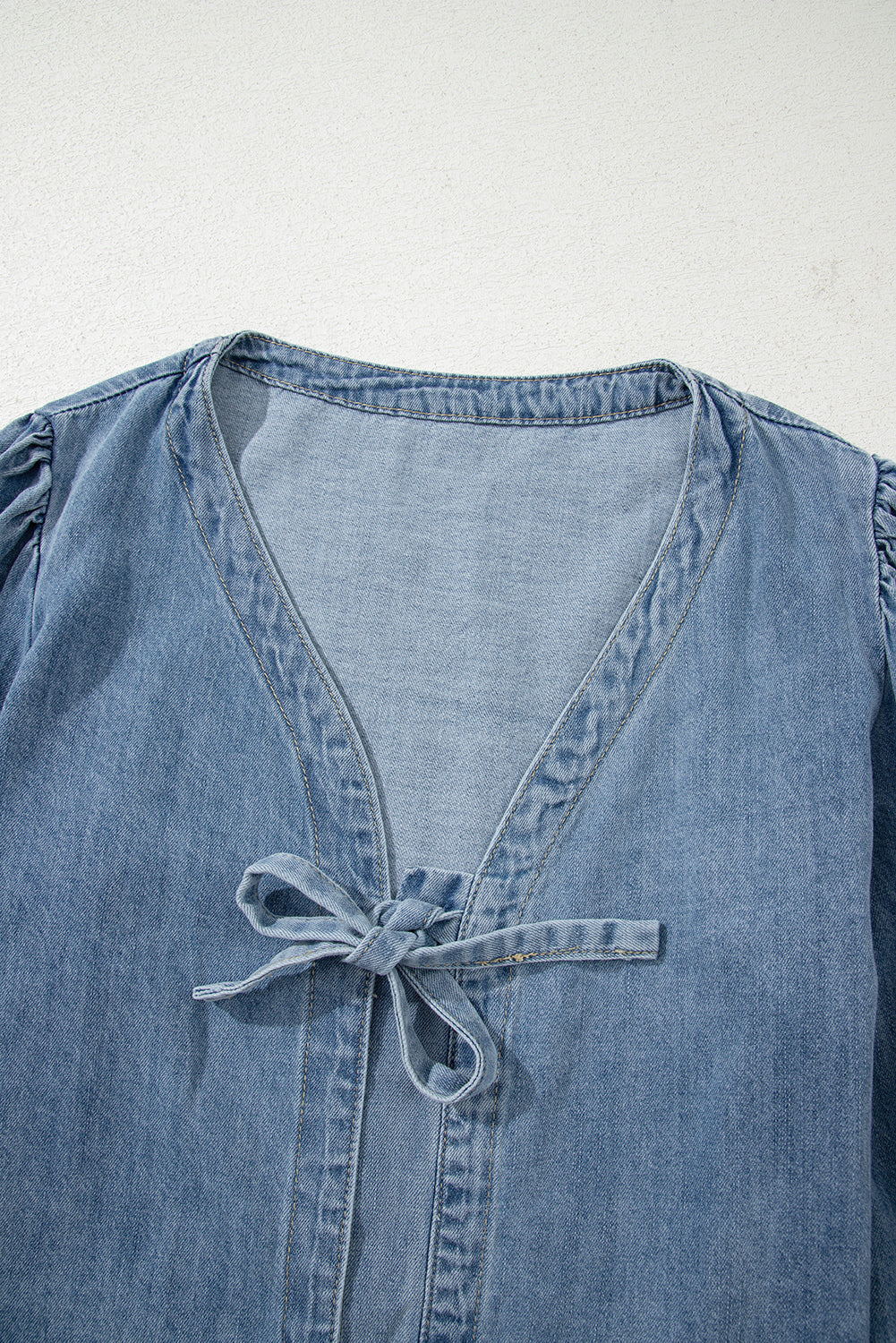 Tied Puff Front Long Sleeve Denim Top