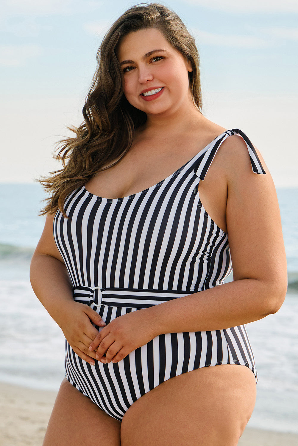 Plus Size Self Tie Straps O-Ring Waistband One Piece Swimsuit