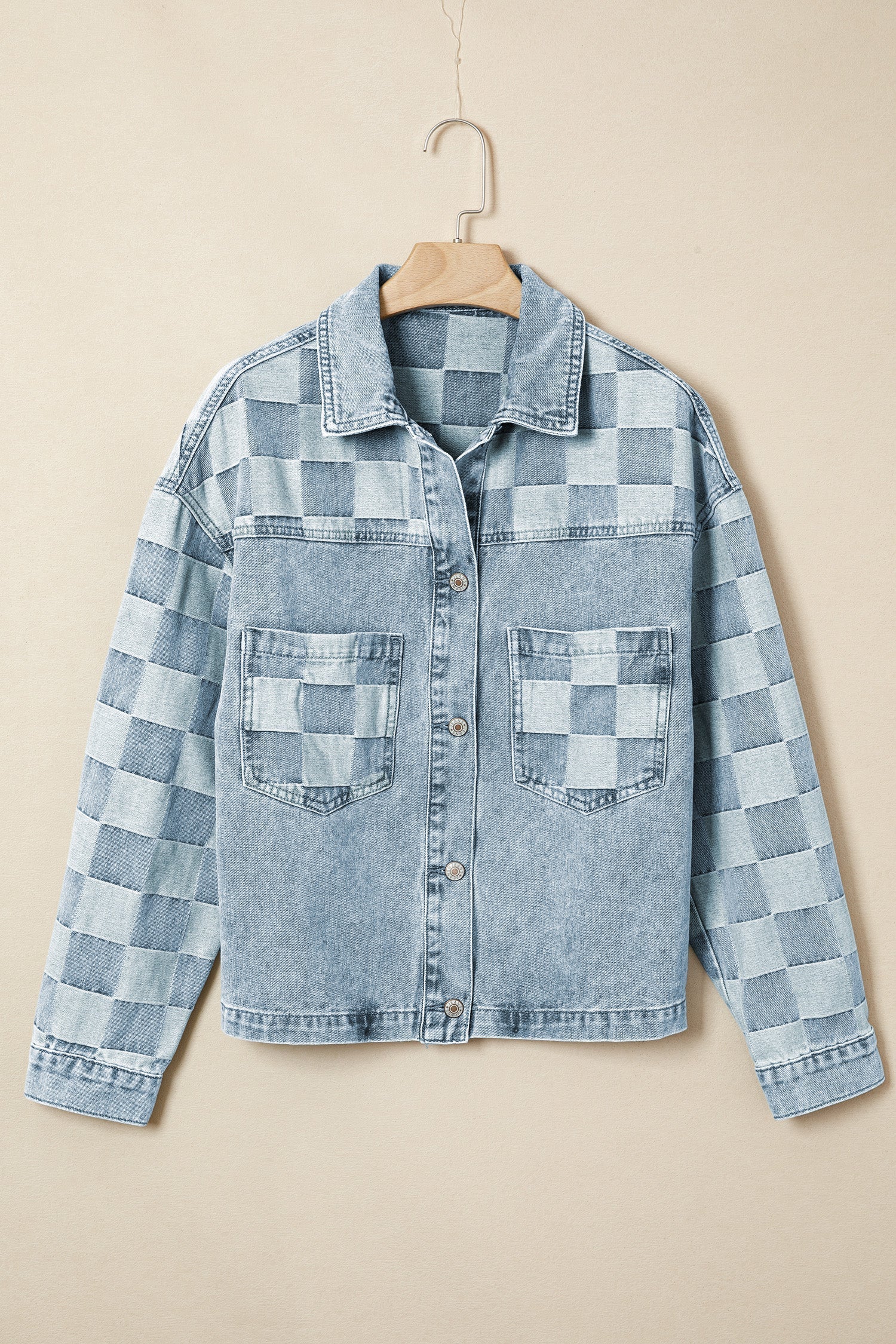 Pattern Denim Checkered Patchwork Womens Everyday Jacket in Beau Blue