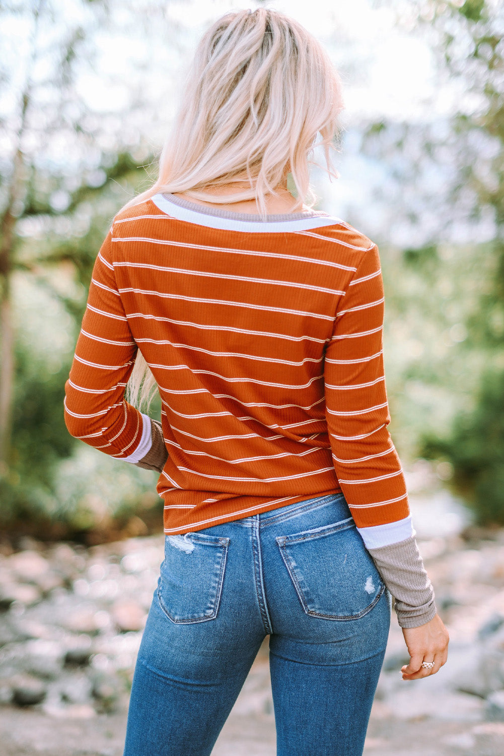 Women's Pullover with Striped Extend Cuffs Rib-Knitted
