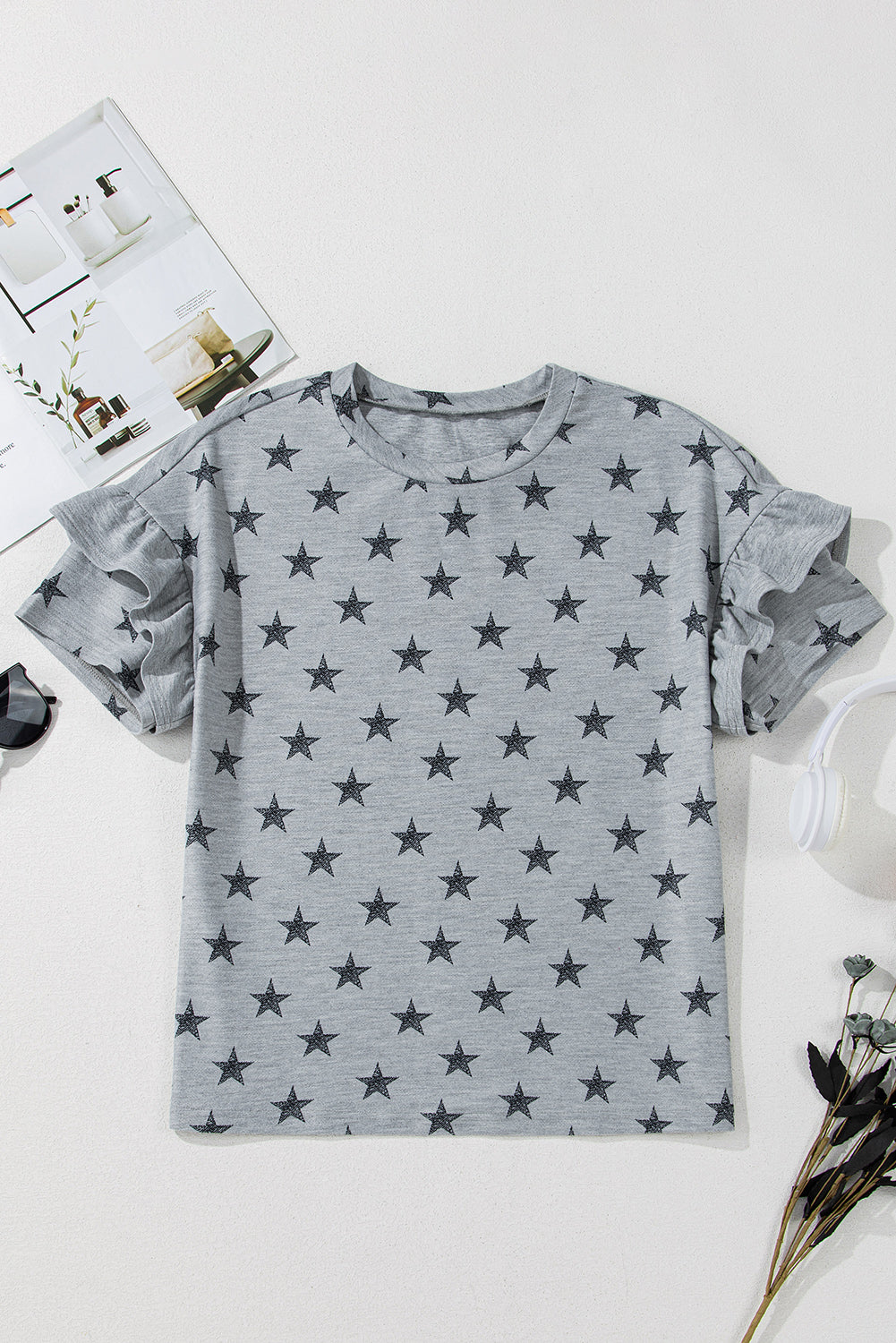 Star Print Tiered Ruffled Sleeve Crew Neck T Shirt