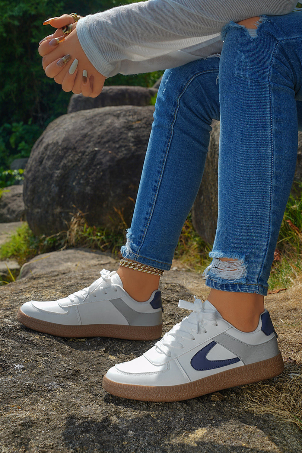 Color Contrast PU Leather Lace-up Sneakers Style