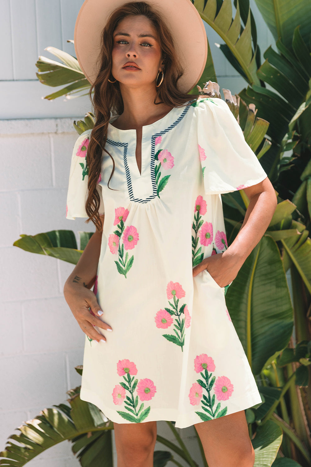 Floral Neck Short-Sleeved Split Loose Mini Dress