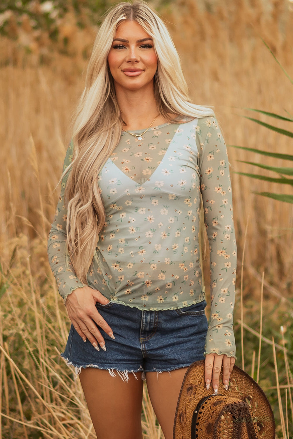 Retro Style Floral-Print Southern Mesh Long-Sleeved Top