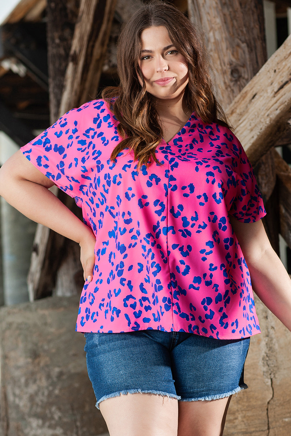 Women's Print Plus Size Contrast Leopard-Print Blouse