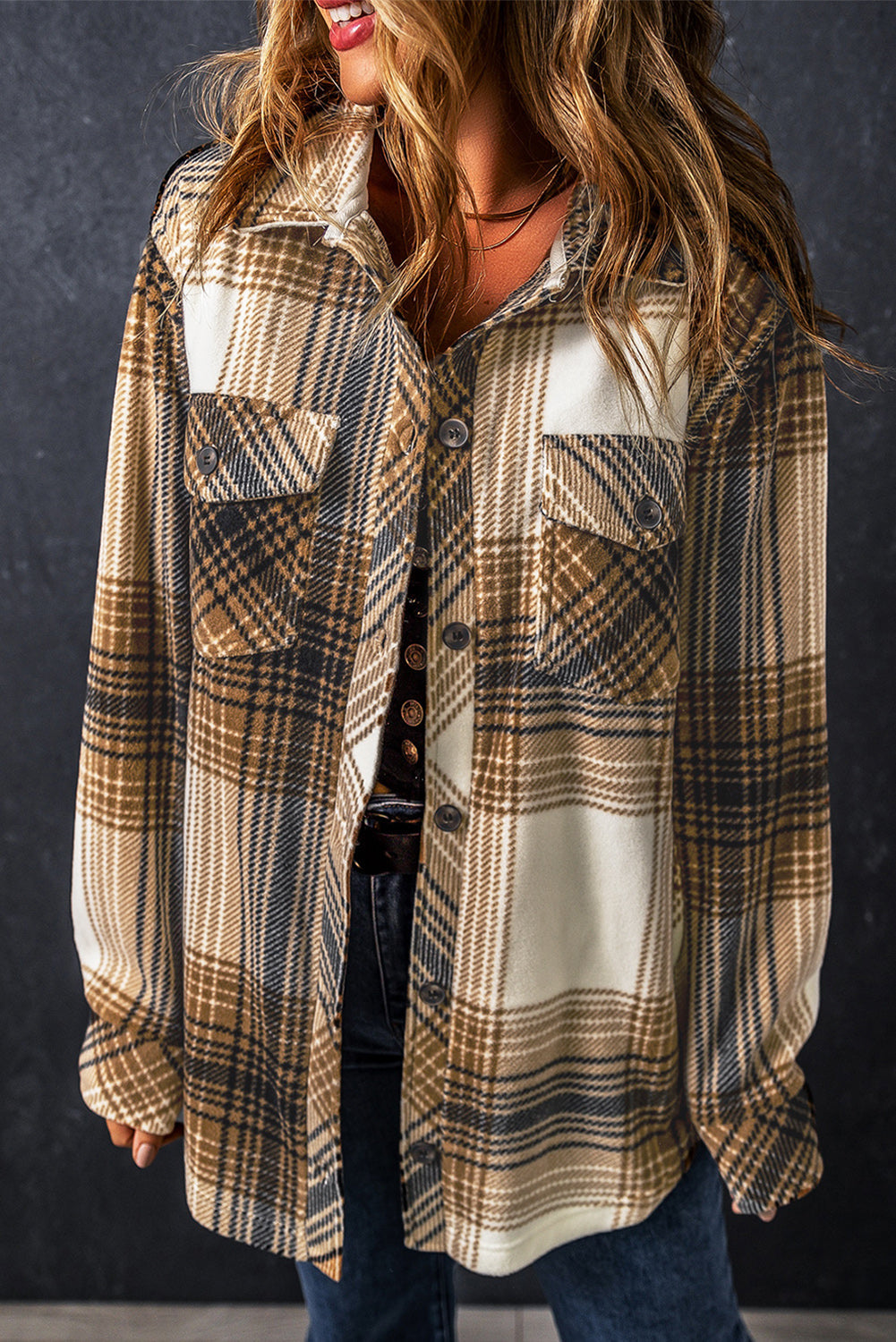Women's Shacket Featuring Flap Pocket Plaid Print
