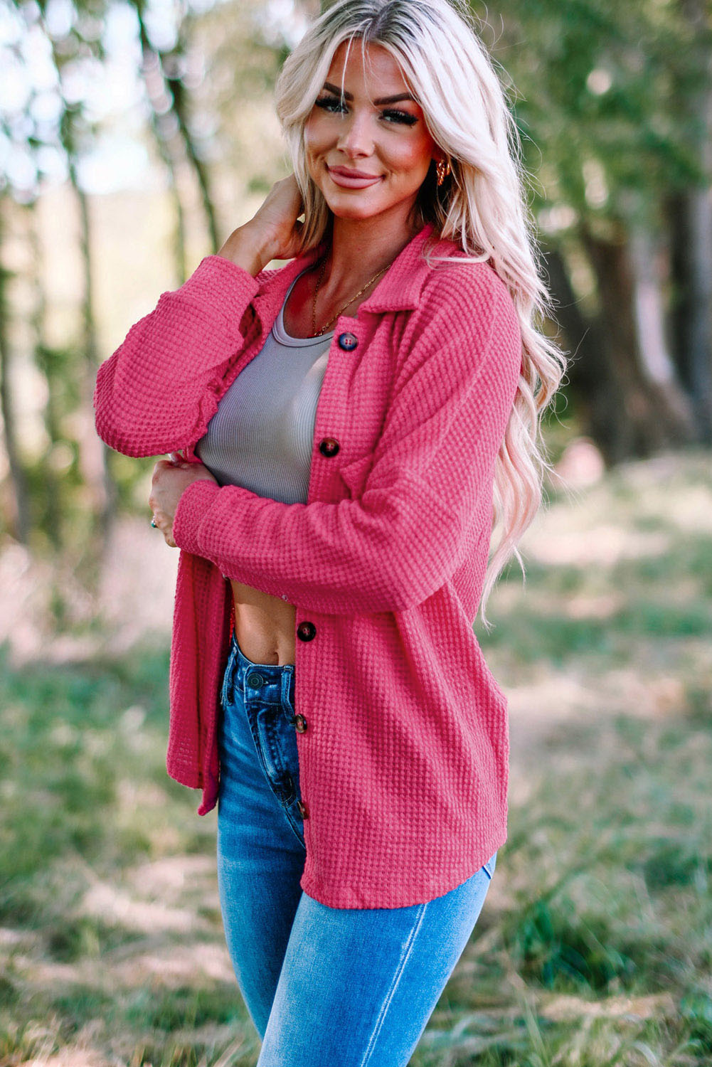 Women's Shirt Featuring Waffle Knitted Button Up Everyday