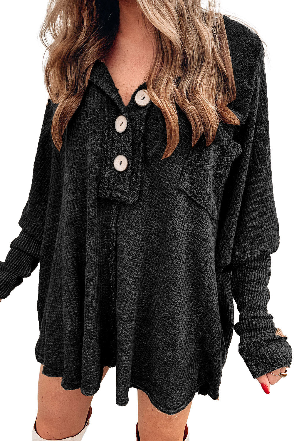 Women's Top Featuring Waffle Knitted Button-Front Long-Sleeve
