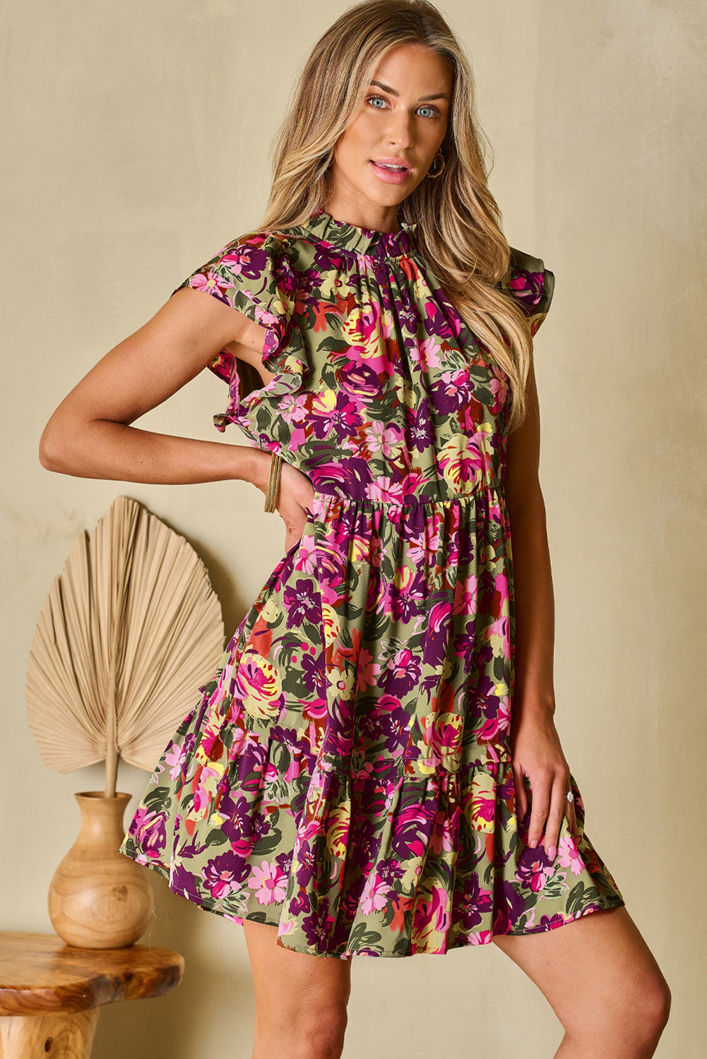 Women's Dresses with Frill-Trimmed Neck Mini Flutter Sleeve