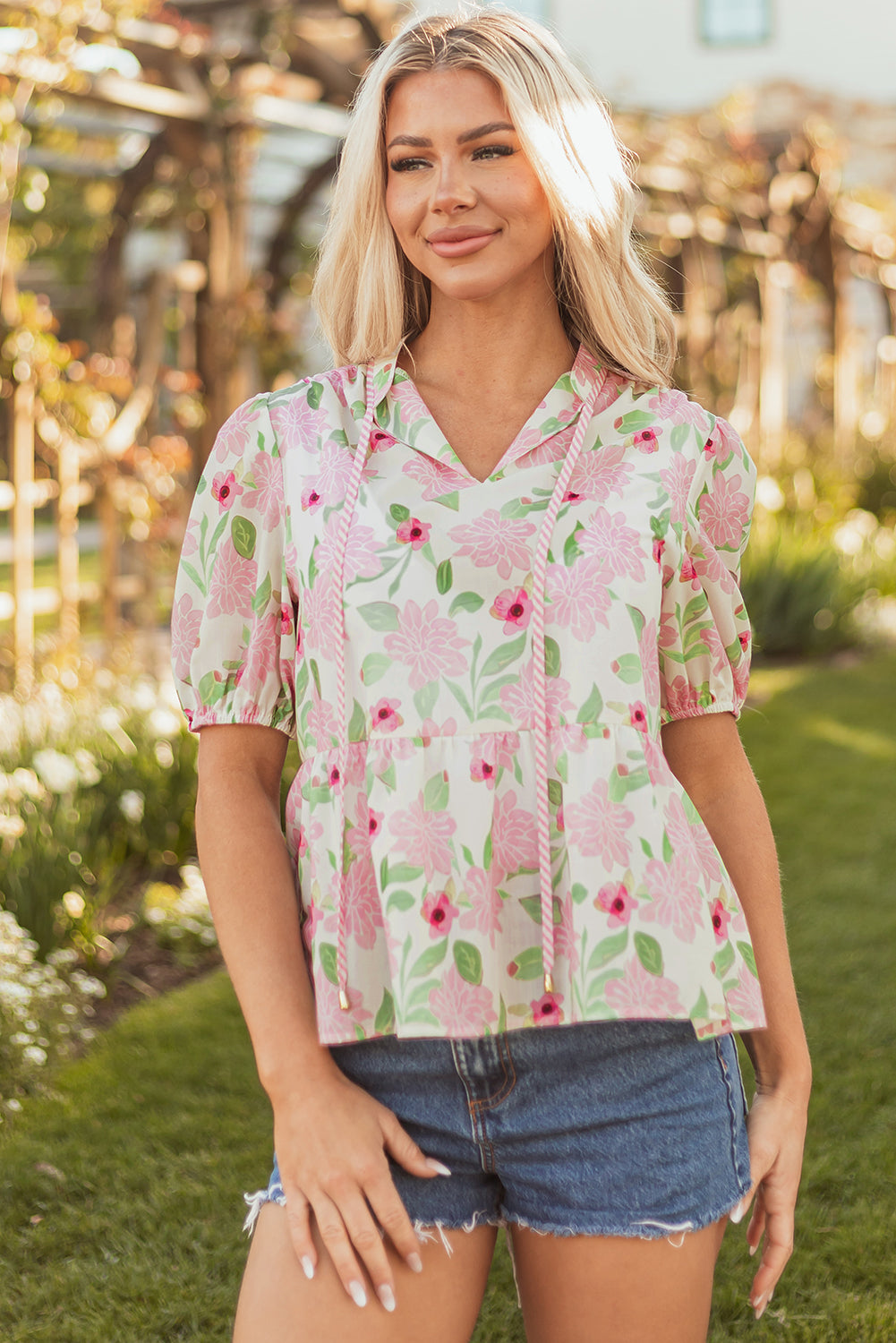 Floral-Print Drawcord V-Neck Peplum Blouse in Pink