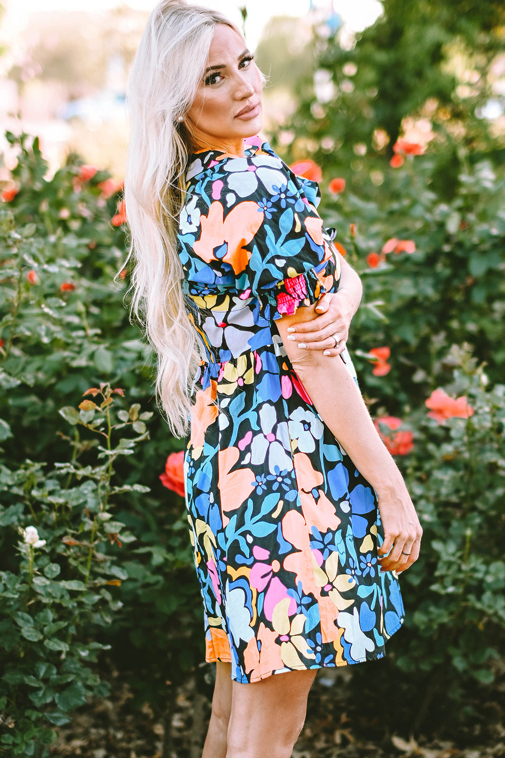 Women's Dresses with Flared Collared Split Neck Floral-Print