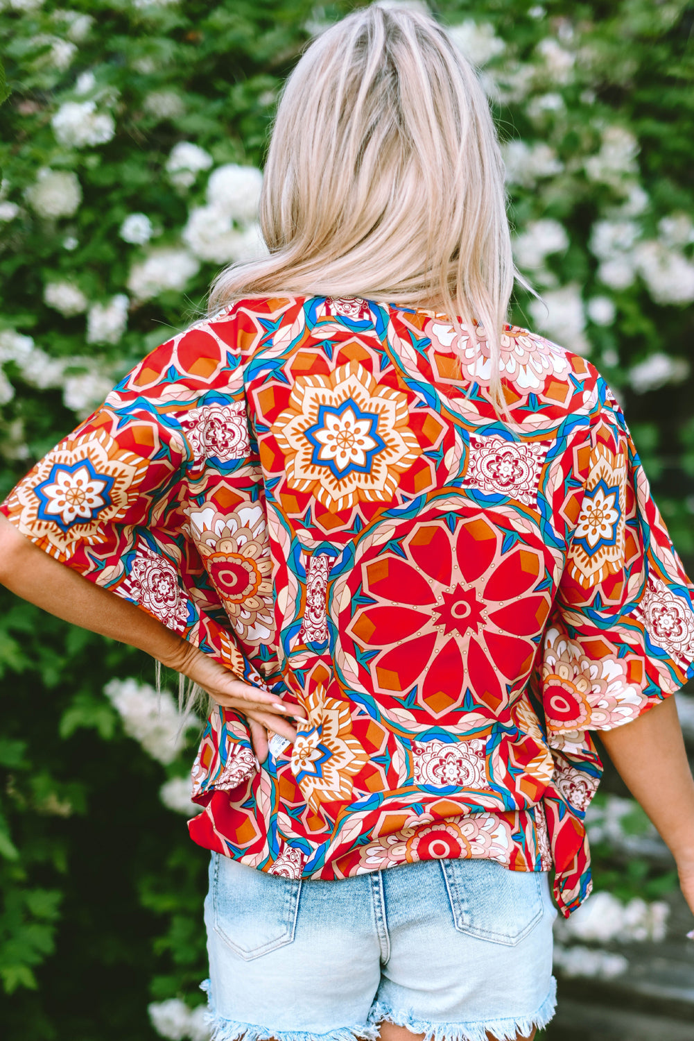 Women's Blouse Featuring Floral-Print Batwing Sleeve V Neck