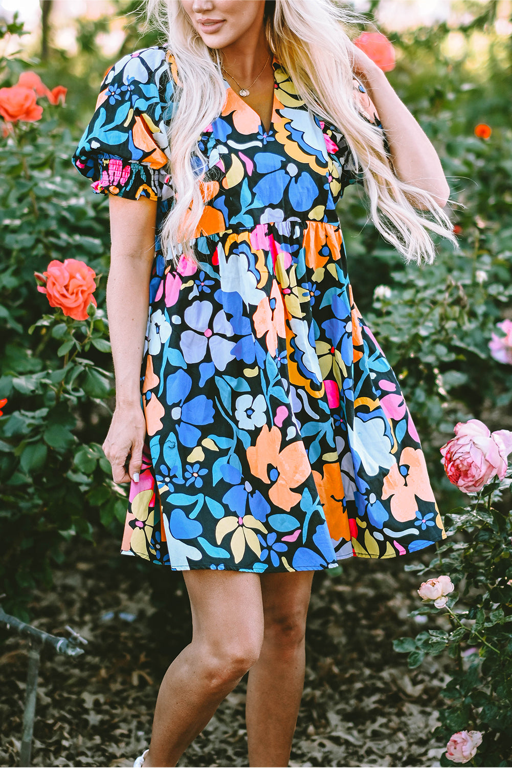 Women's Dresses with Flared Collared Split Neck Floral-Print
