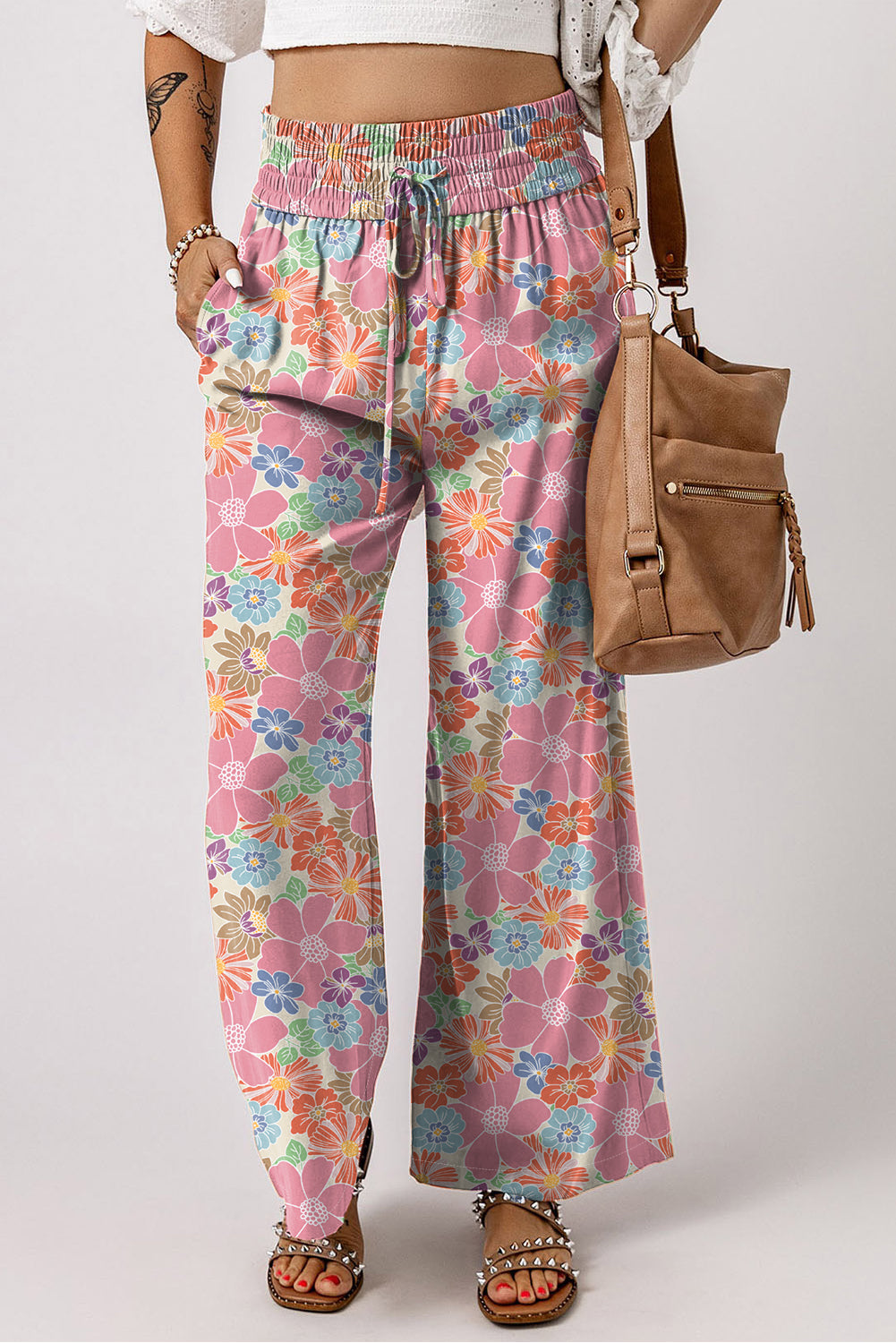 Women's Pants Featuring Shirred-Waist Loose Floral-Print