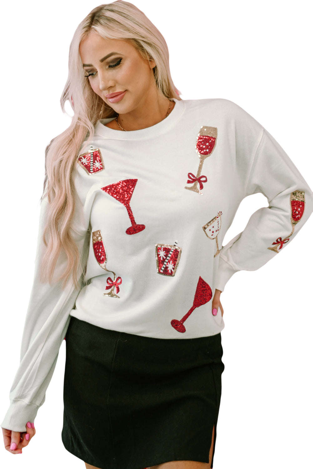 Sweatshirt for Women Wineglasses Sequin Cheers