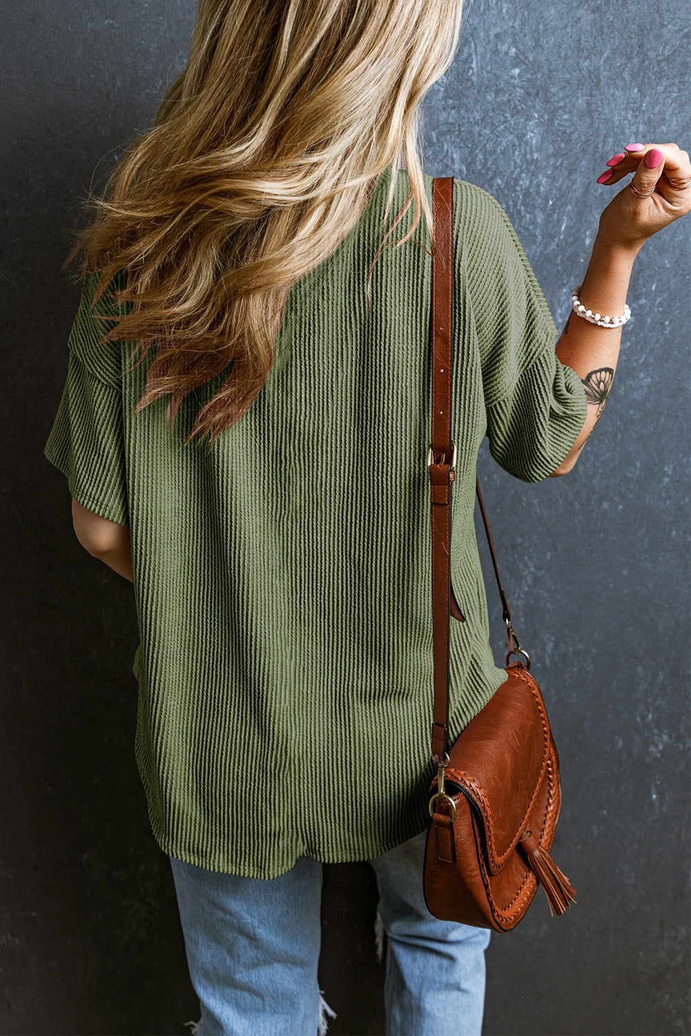 Corded Pocket V-Neck Chest Loose T-shirt