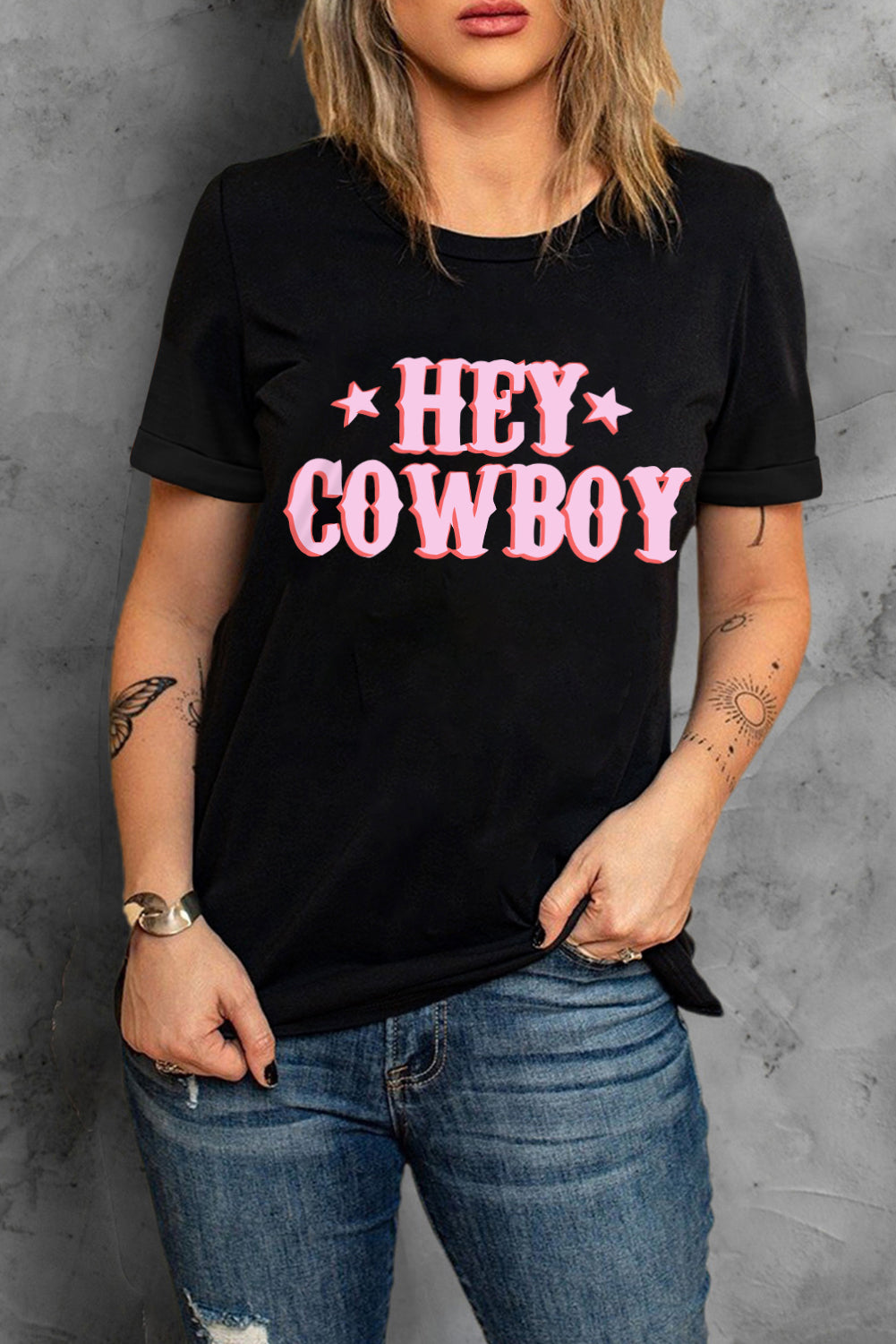 Women's T-shirt Featuring HEY COWBOY Graphic-Print Crew Neck