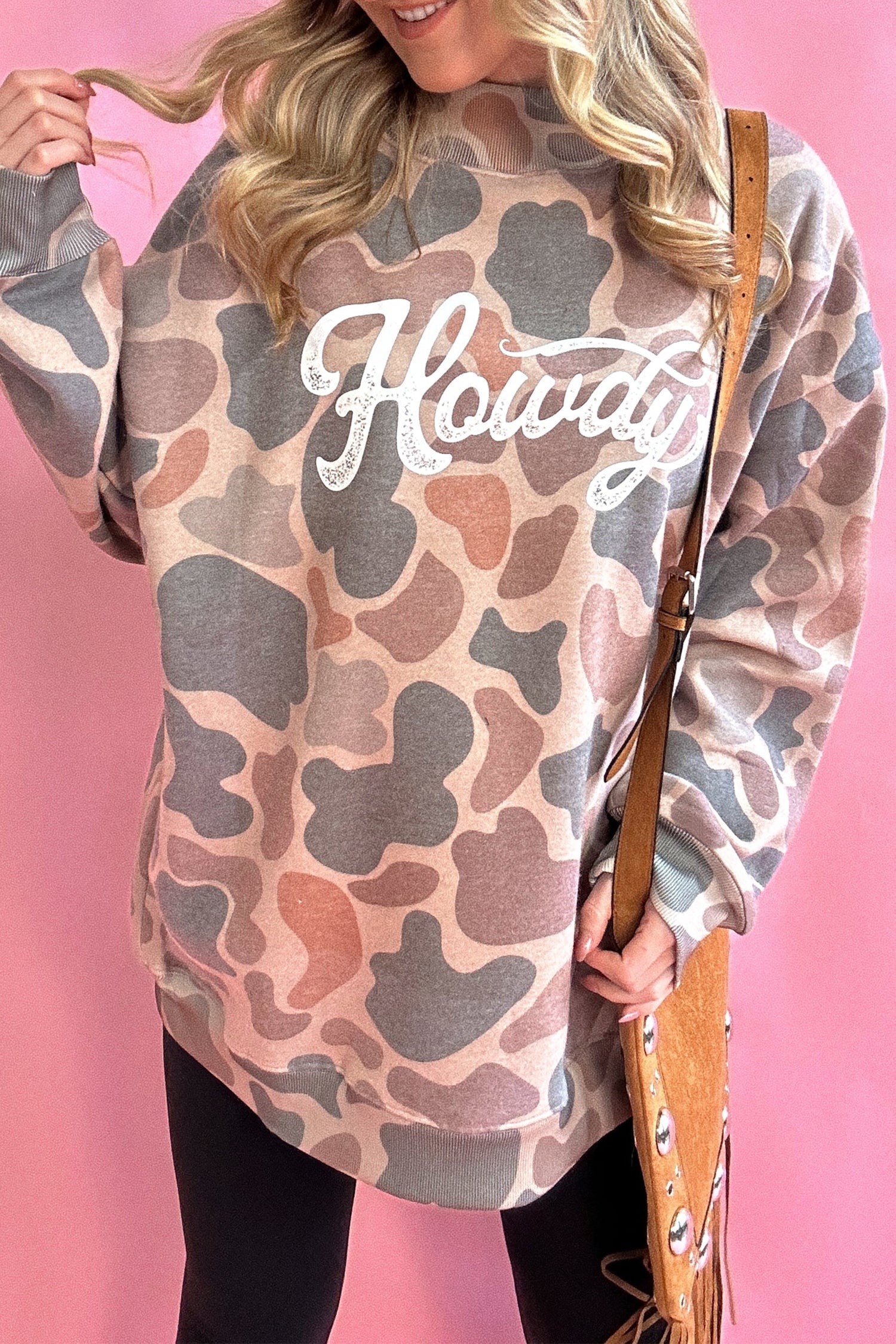 Camo Western Print Howdy Style Baggy Pullover Sweatshirt in Multicolour