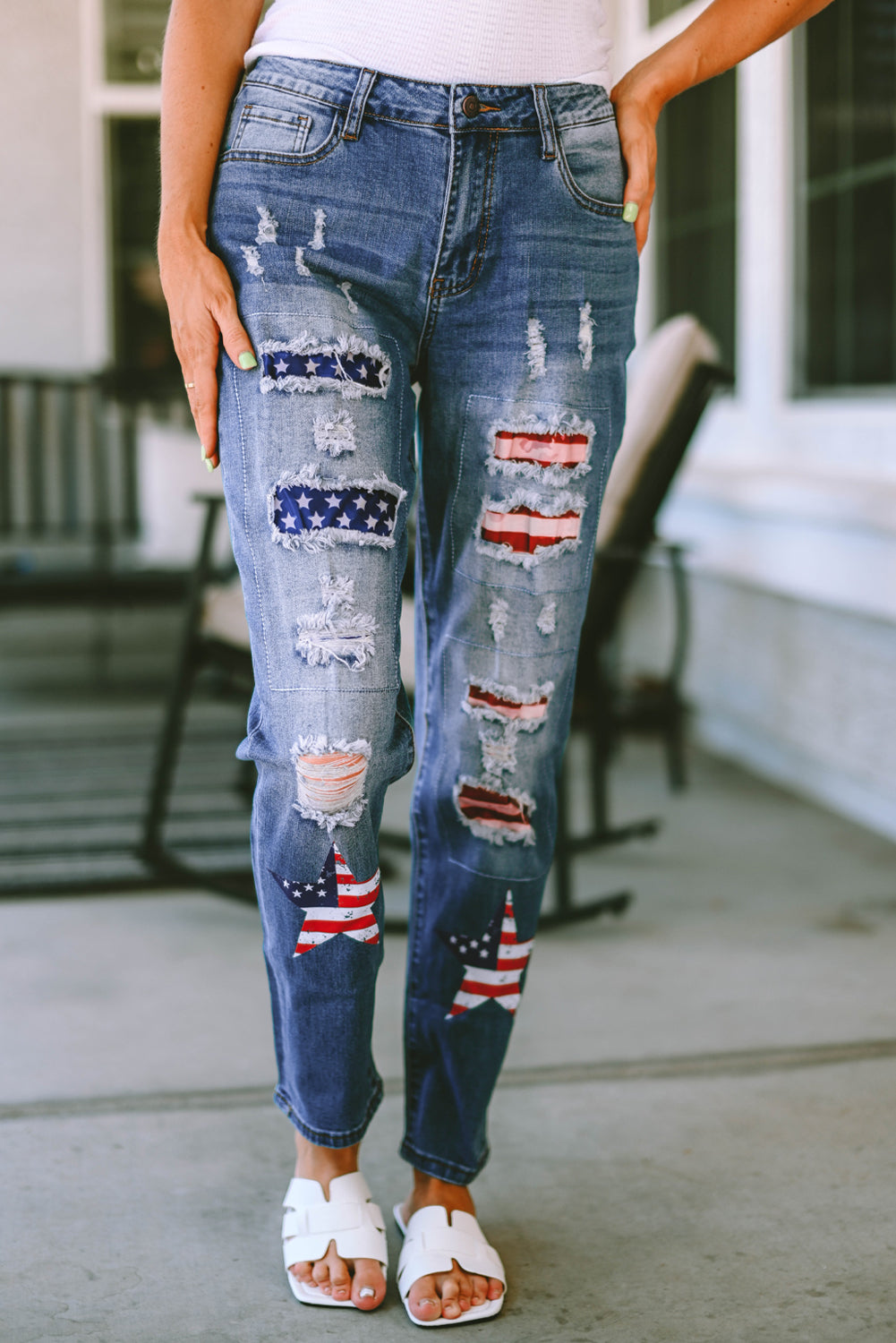 Women's American Flag Patched Distressed Jeans
