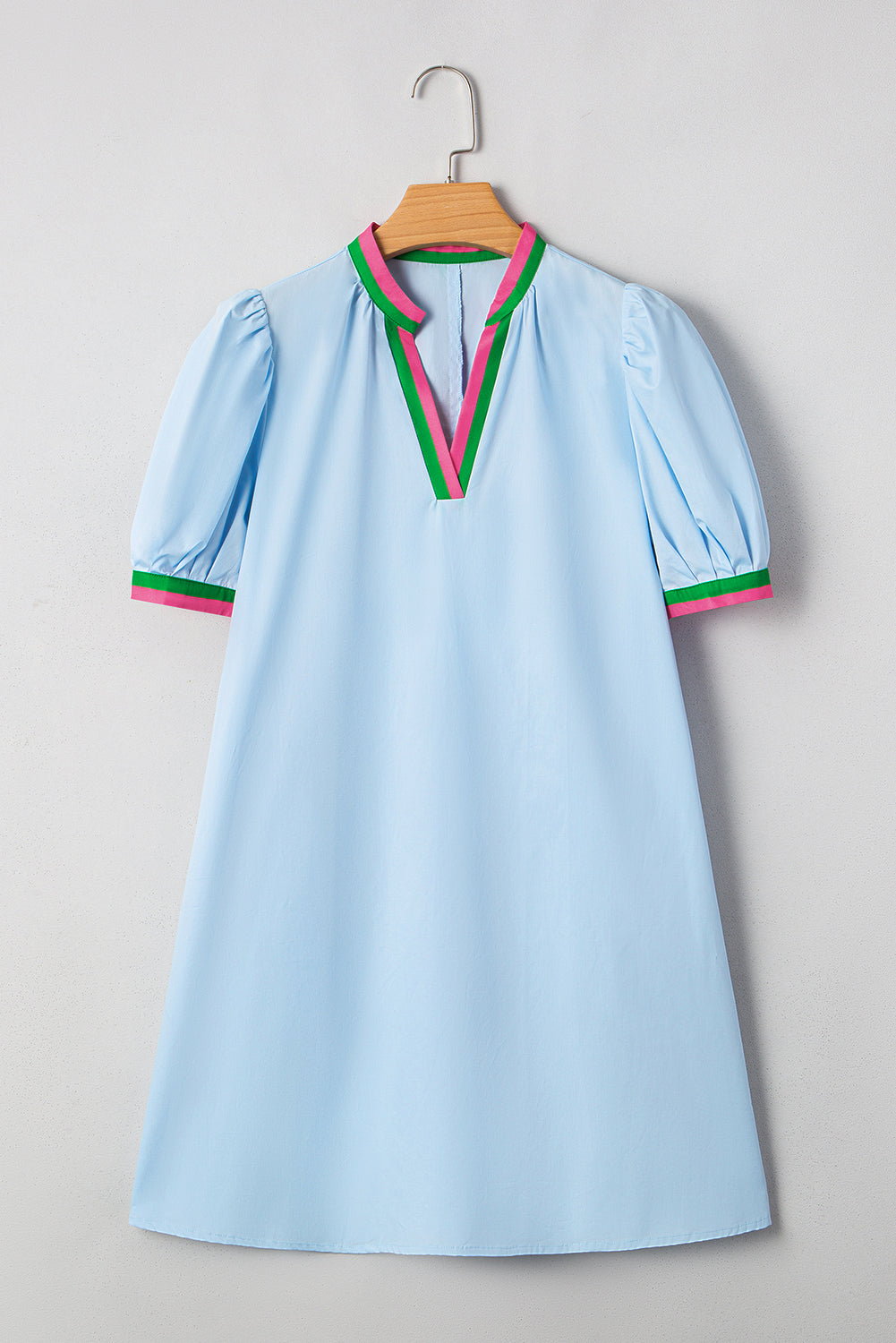 Contrast V-Neck Striped Notched Puff Sleeve Mini Dress