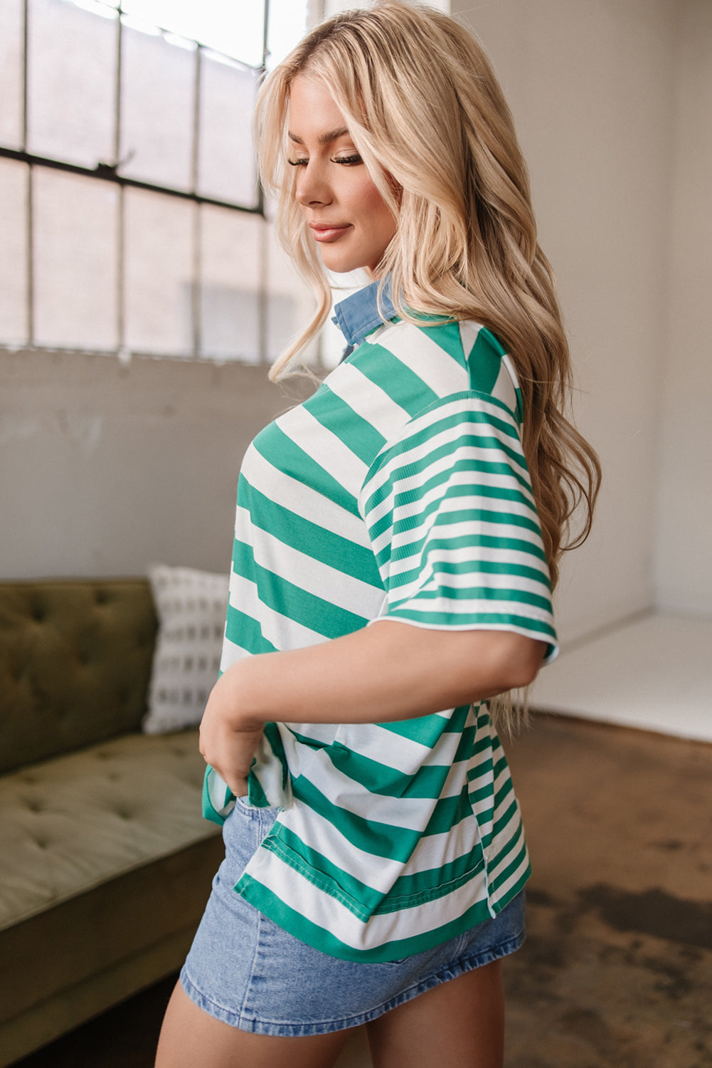 Green Stripe Collar Half Buttons T Shirt