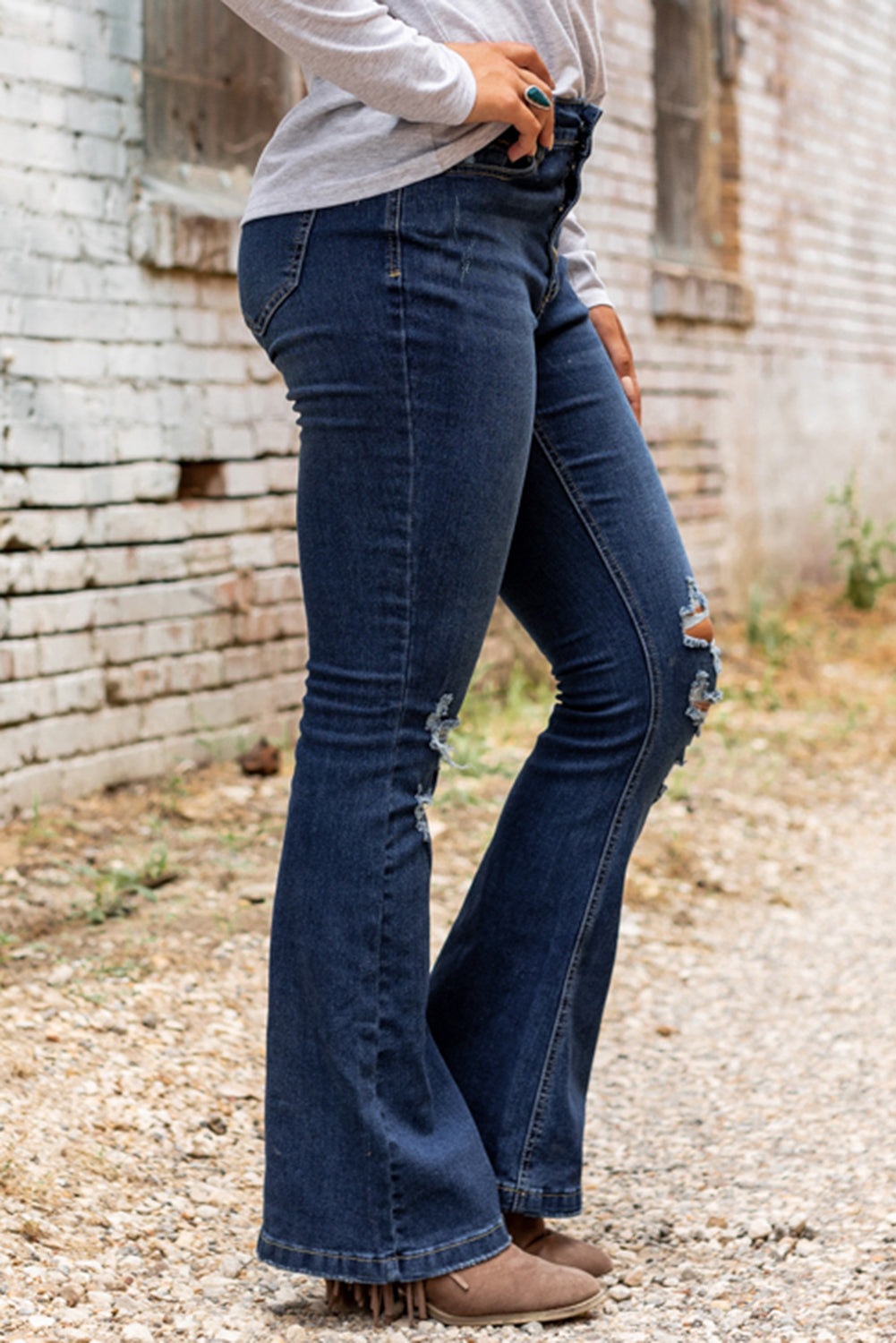 Women's Jeans with Distressed Flare Bottom Washed