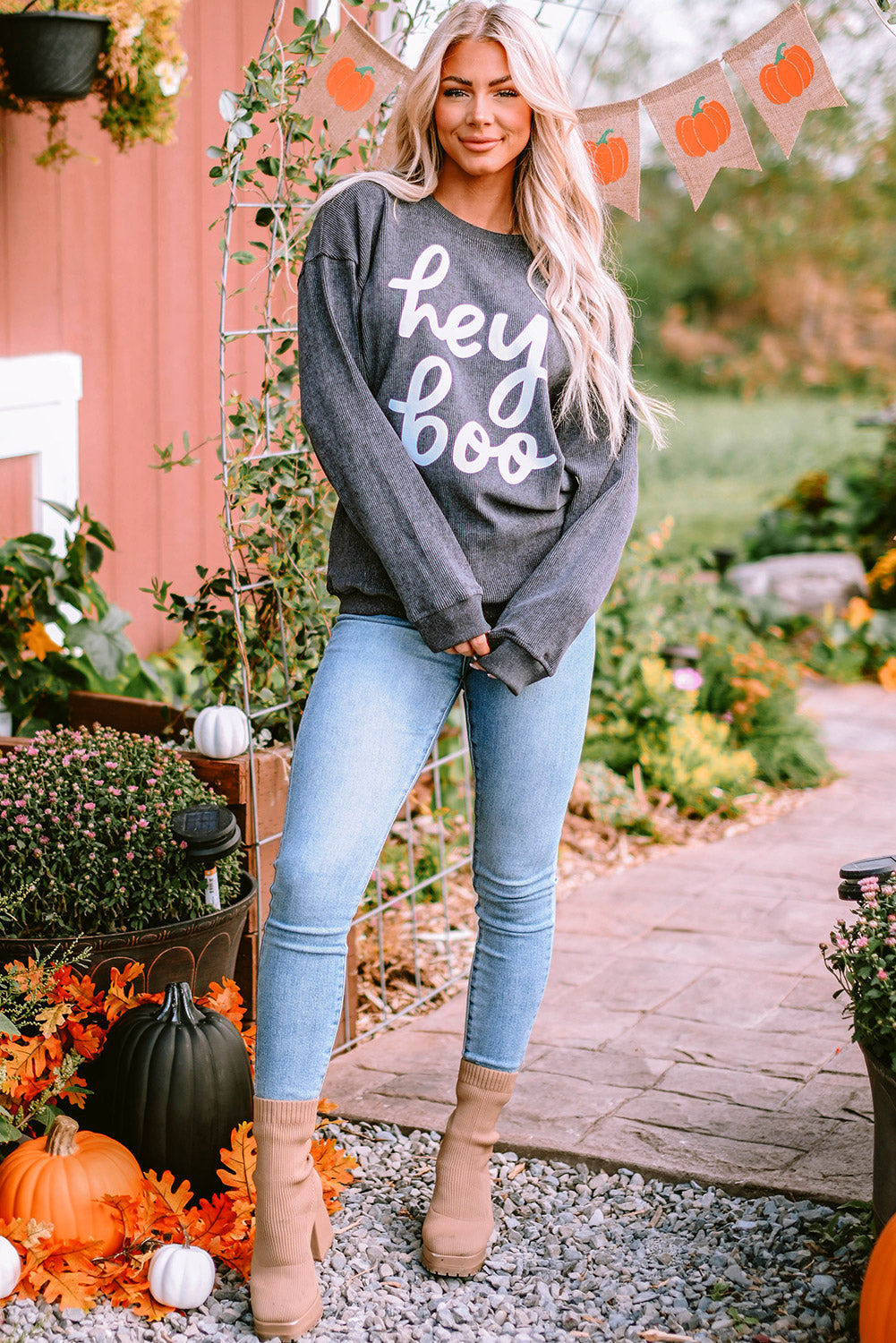Women's Sweatshirt Featuring hey boo Graphic-Print Corded Halloween