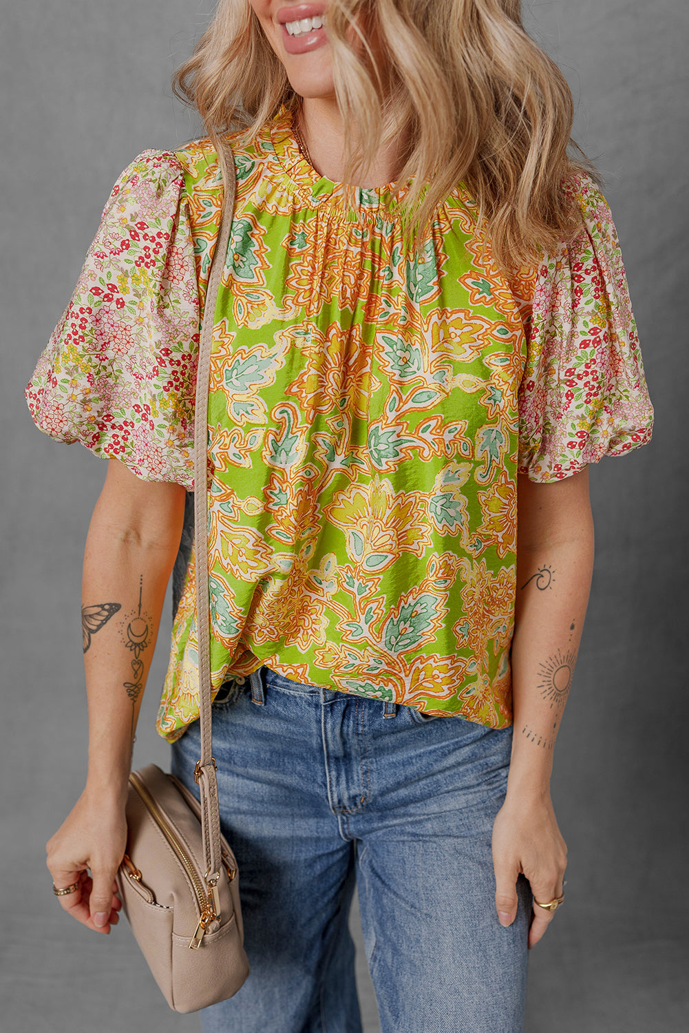 Printed Contrast Bubble Sleeve Patchwork Blouse