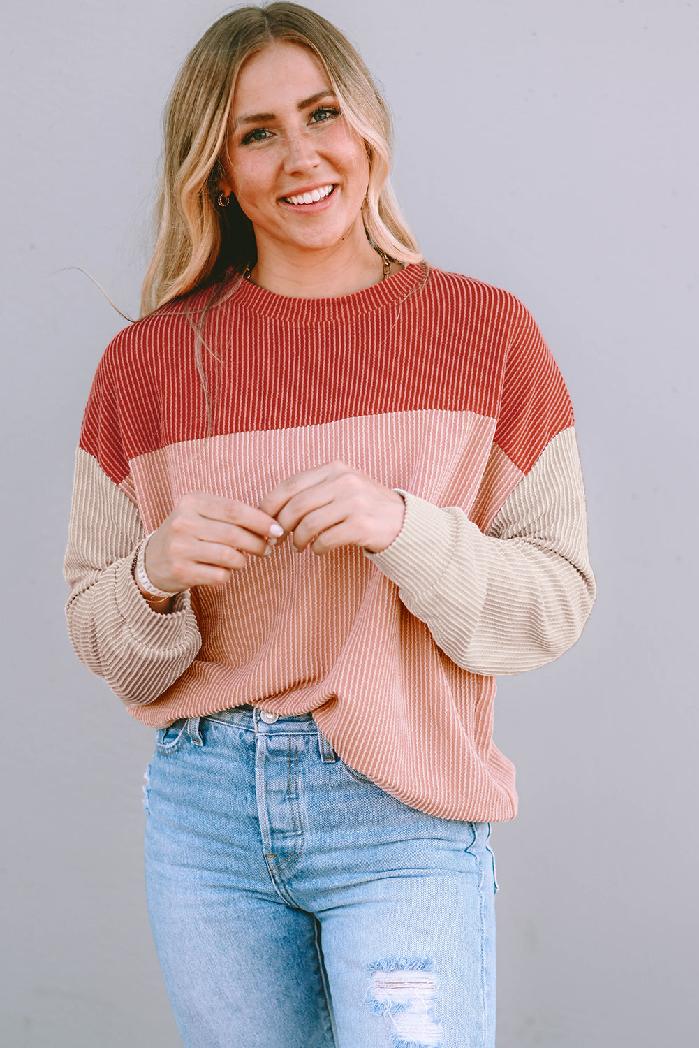Women's Top Featuring Long-Sleeve Rib-Knitted Loose