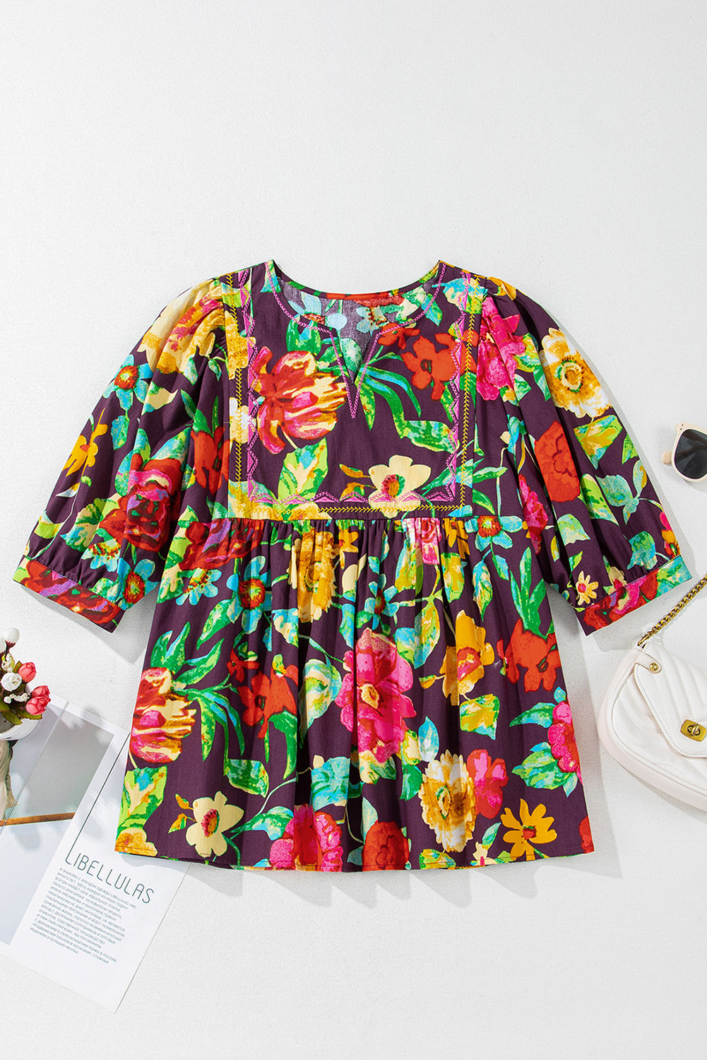 Rose Flower Embroidered Trim Half Sleeve Blouse