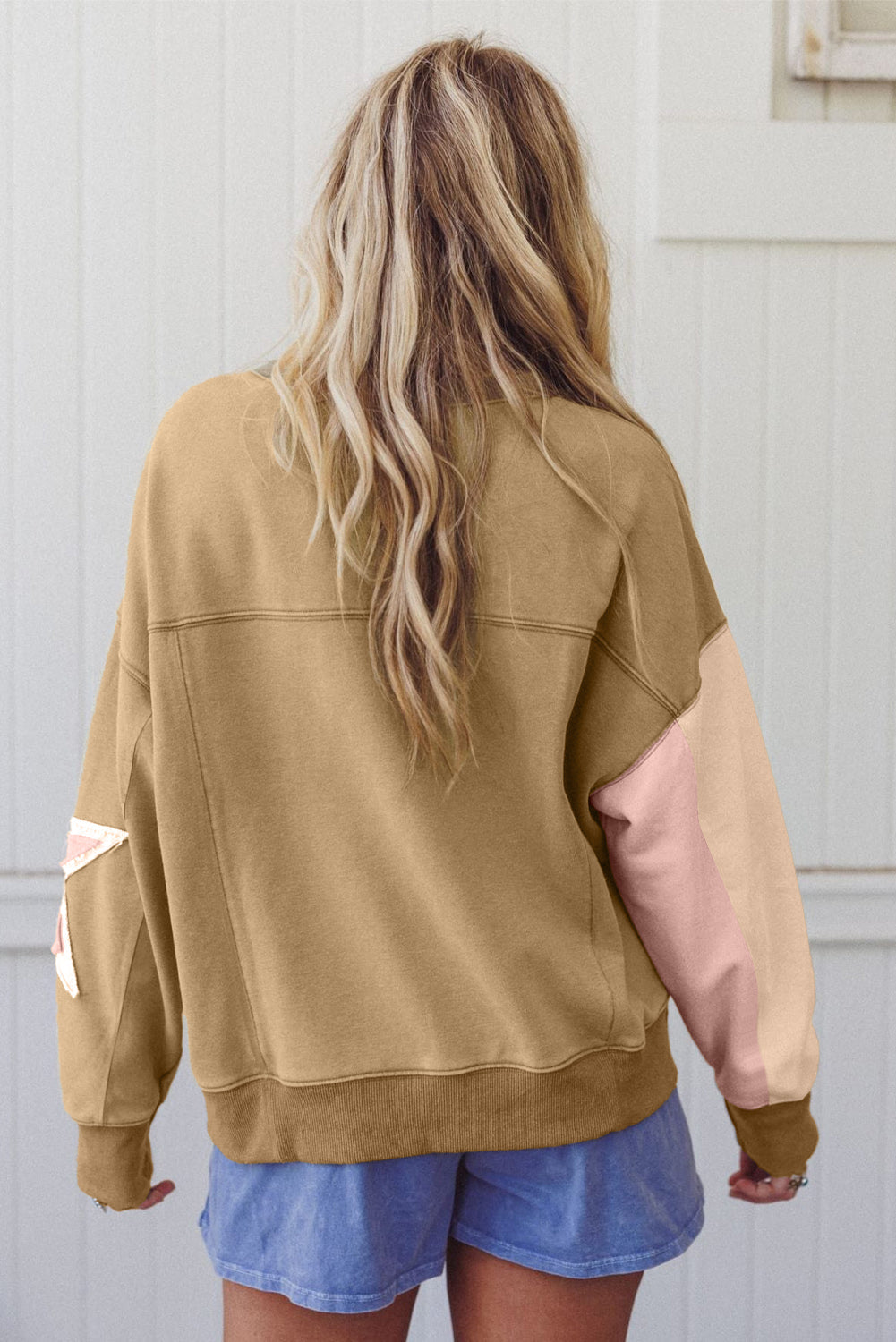 Patchwork Contrast Star Exposed Seam Uneven Hem Drop-Shoulder Sweatshirt