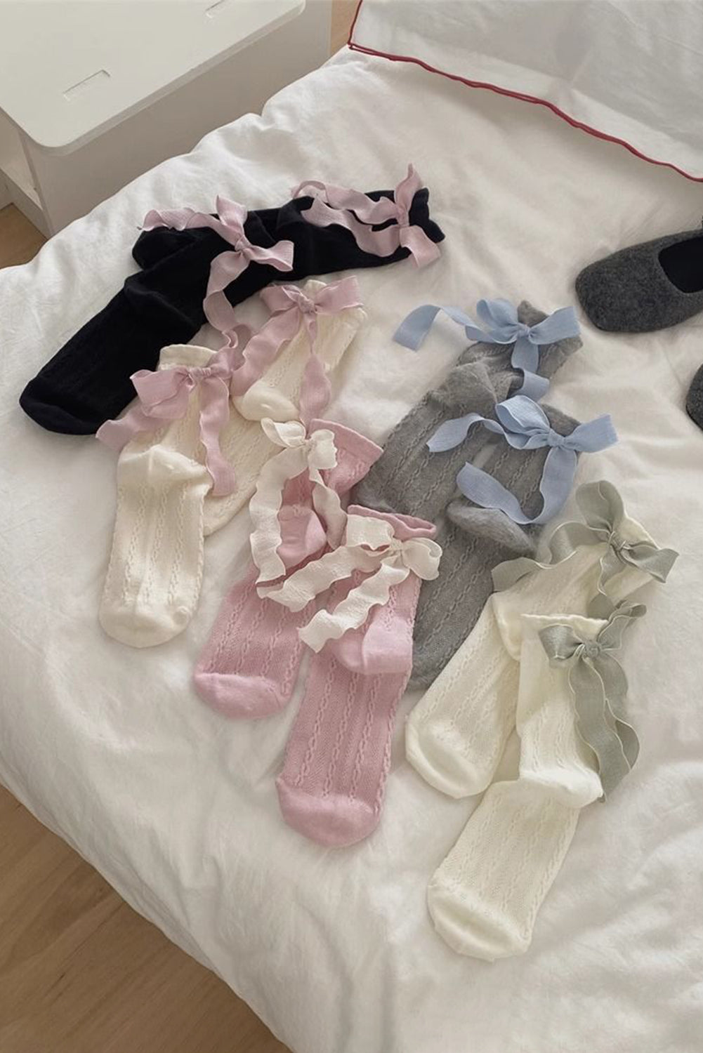 5 Pairs Contrast Ribbon Bow Decor Textured Knit Socks