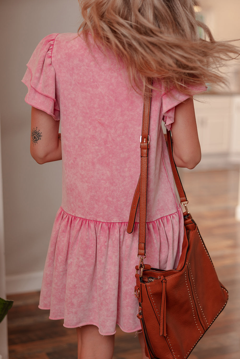 Pink Mineral Wash Raw Edge Ruffle Mini Dress