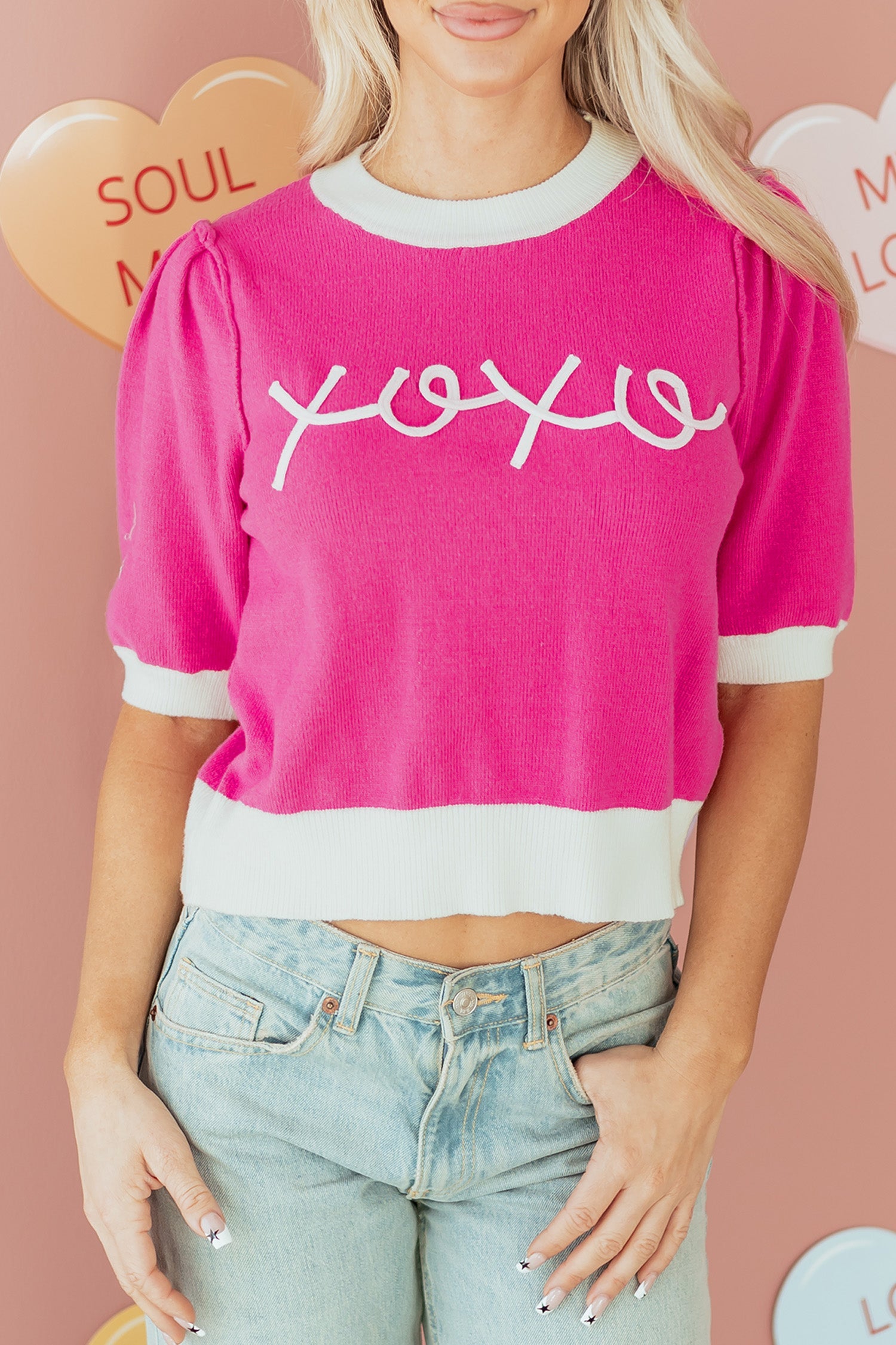 Graphic XOXO Embroidered Valentines Contrast Trim Crew-Neck Short Puff Sleeve Knit Top Tee
