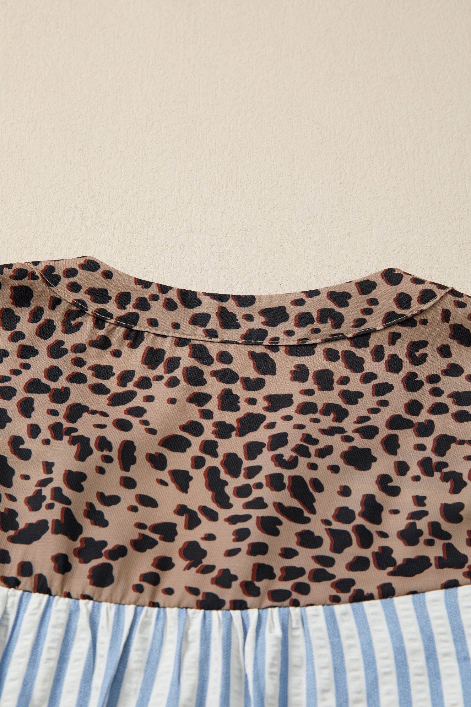 Leopard Trim V-Neck Button Down Half Sleeve Shirt