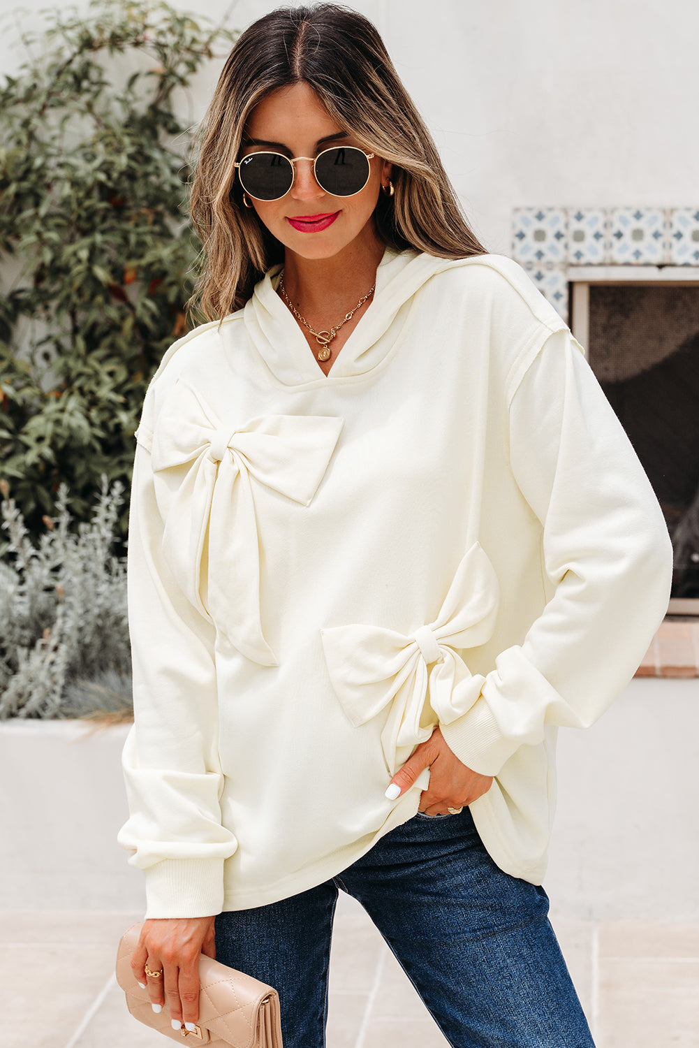 Solid Detail Cute Bow Loose Hoodie