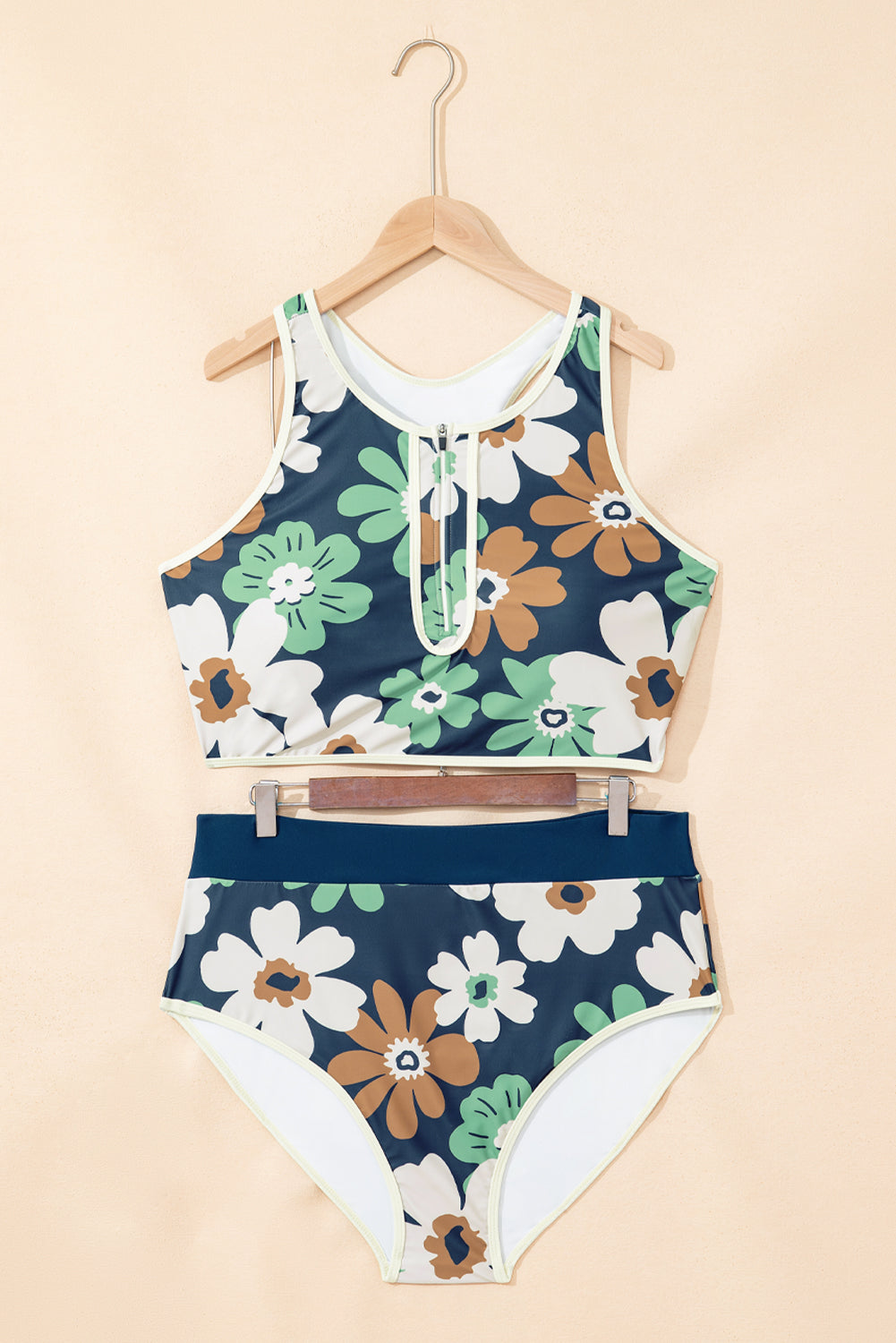 Floral Printed Zipped Plus Size Two Pieces Bikini