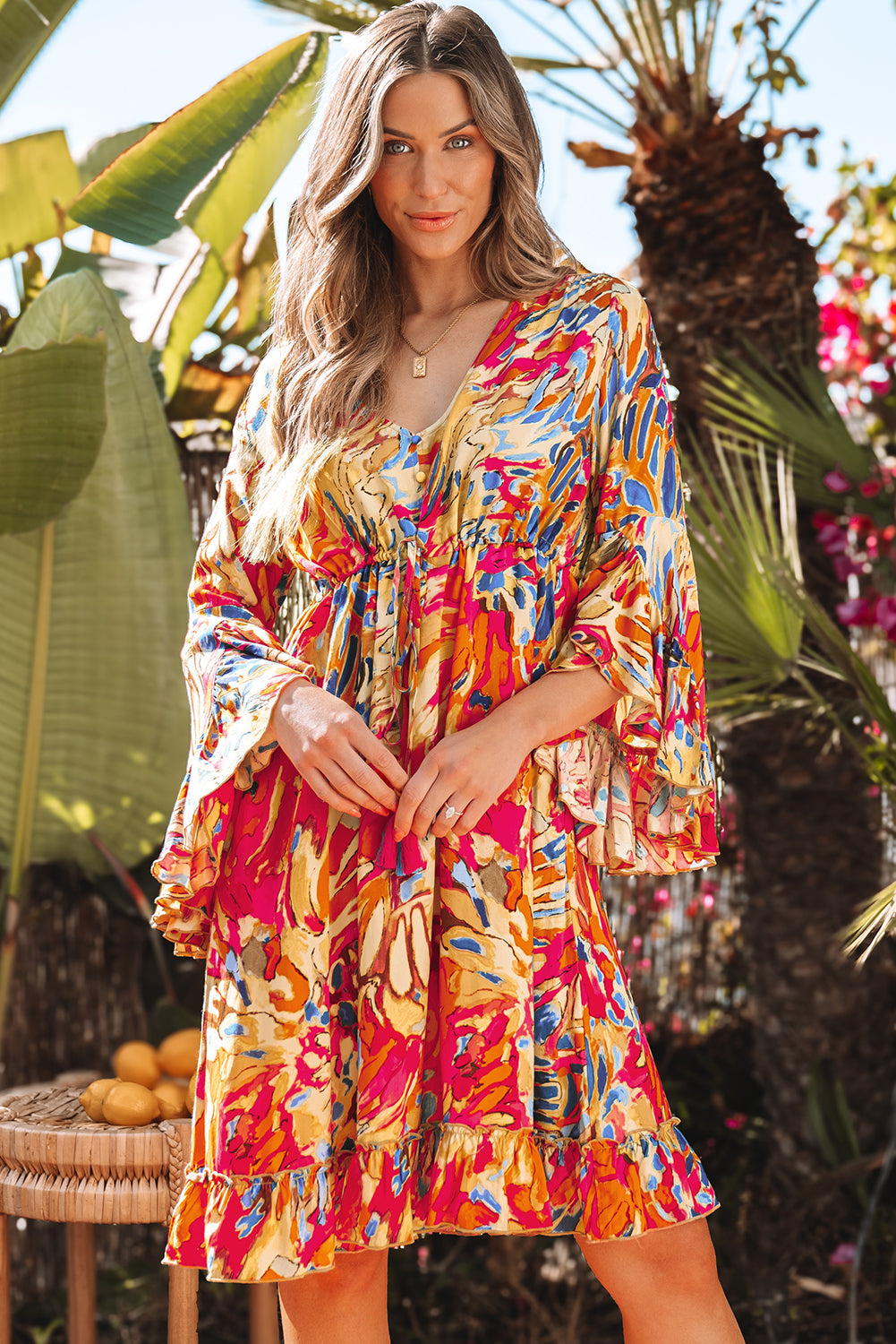 Plant Print Flared Sleeve Ruffled Hem Tunic Flowy Dress