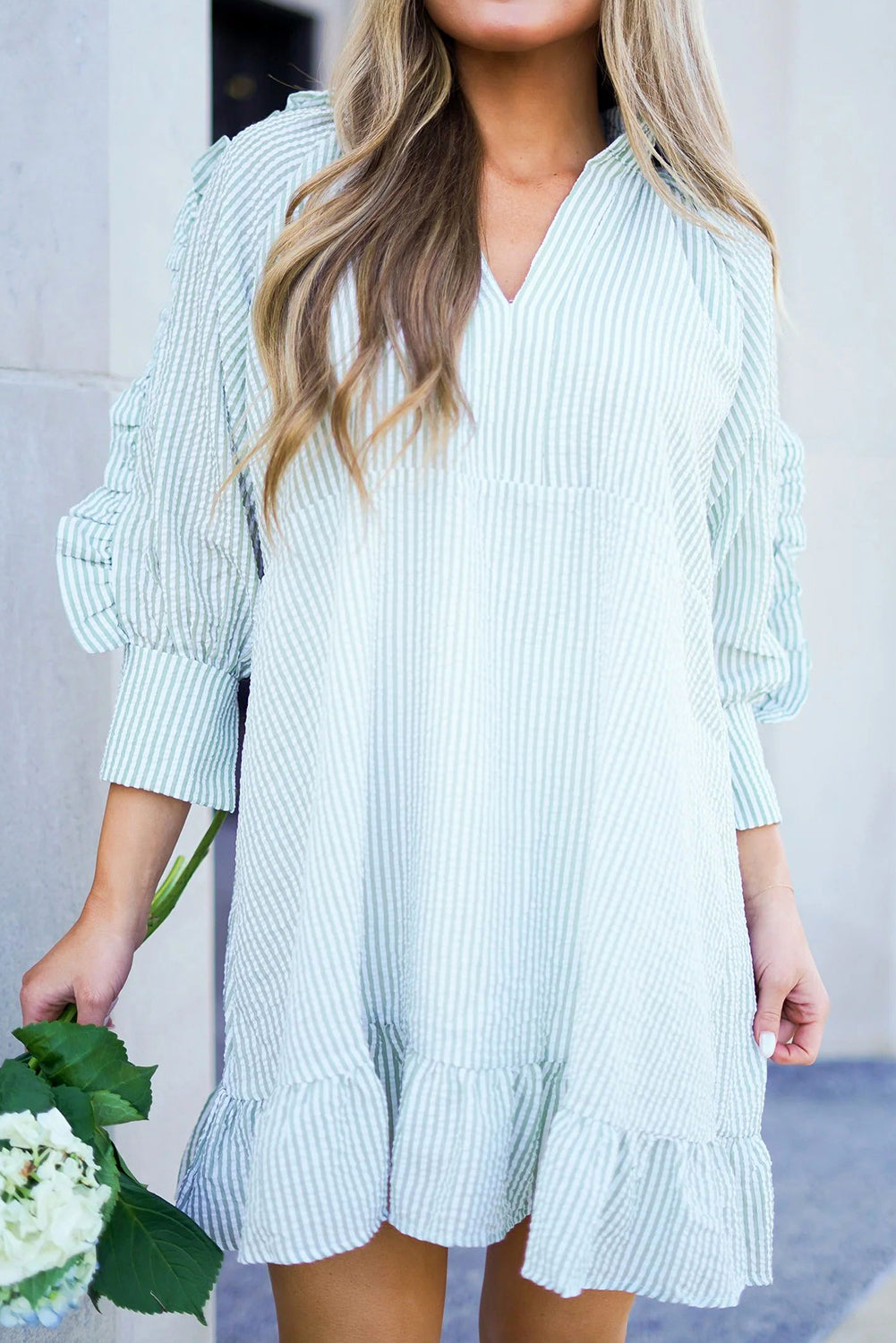 Women's Mini Dress Featuring Ruffle-Trimmed Balloon Sleeve