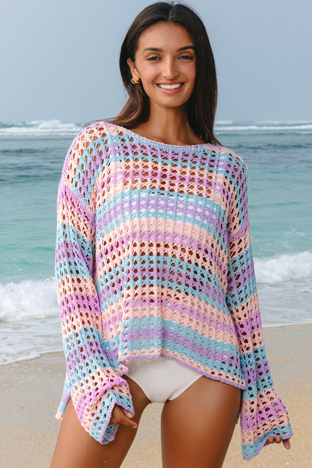 Multi Stripe Open Knit Sweater Beach Cover Up