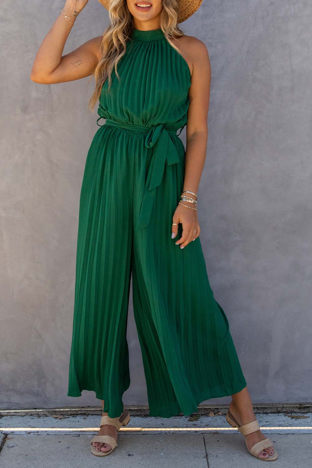 Leg Jumpsuit for Women Halter Neck Pleat-Detail Wide