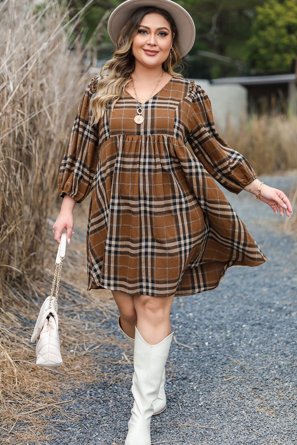 Women's Dress with Plus Size Babydoll Plaid V Neck