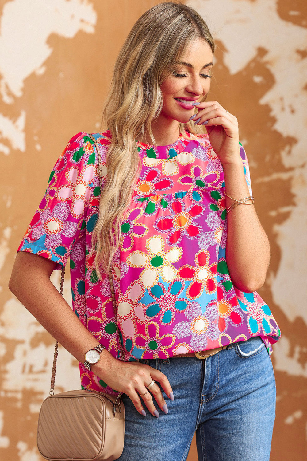Women's Top Featuring Bohemian Flower Puff Short-Sleeve