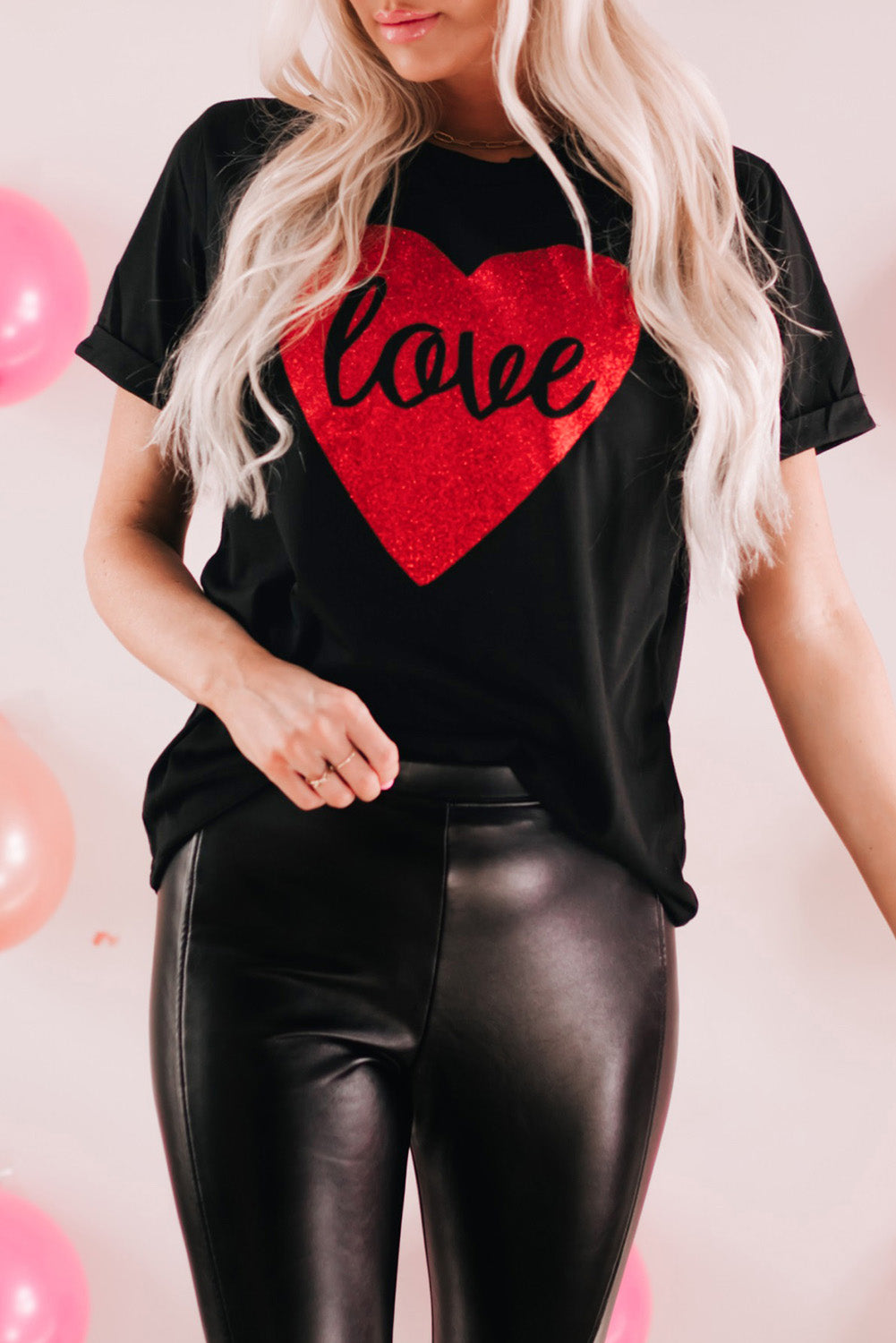 T Shirt for Women Print Love Heart Shaped Glitter