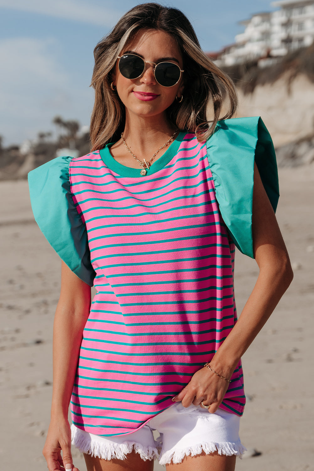 Pink Stripe Colorblock Ruffled Sleeve Blouse