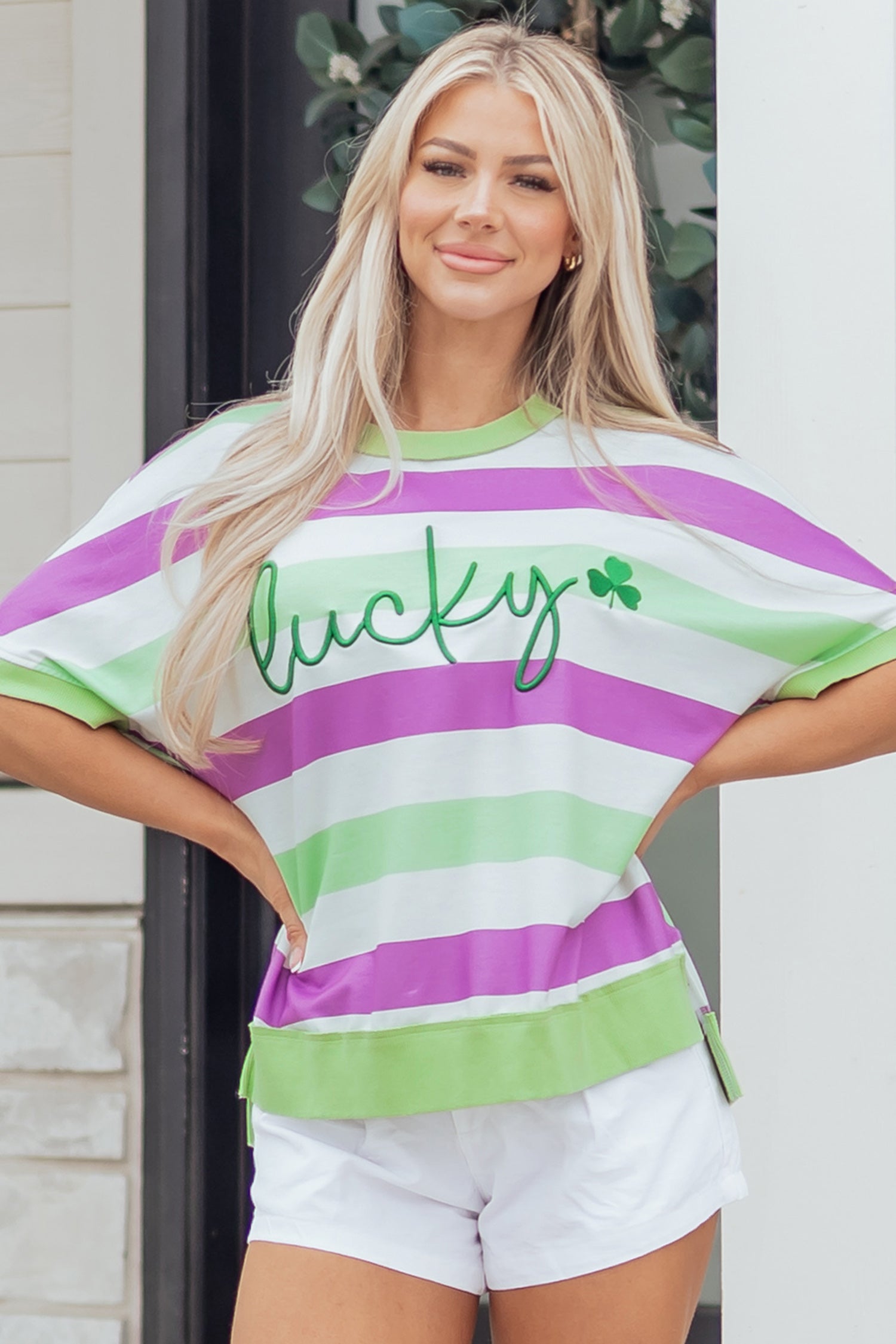 Embroidered Lucky Clover Graphic Dolman Loose Tee