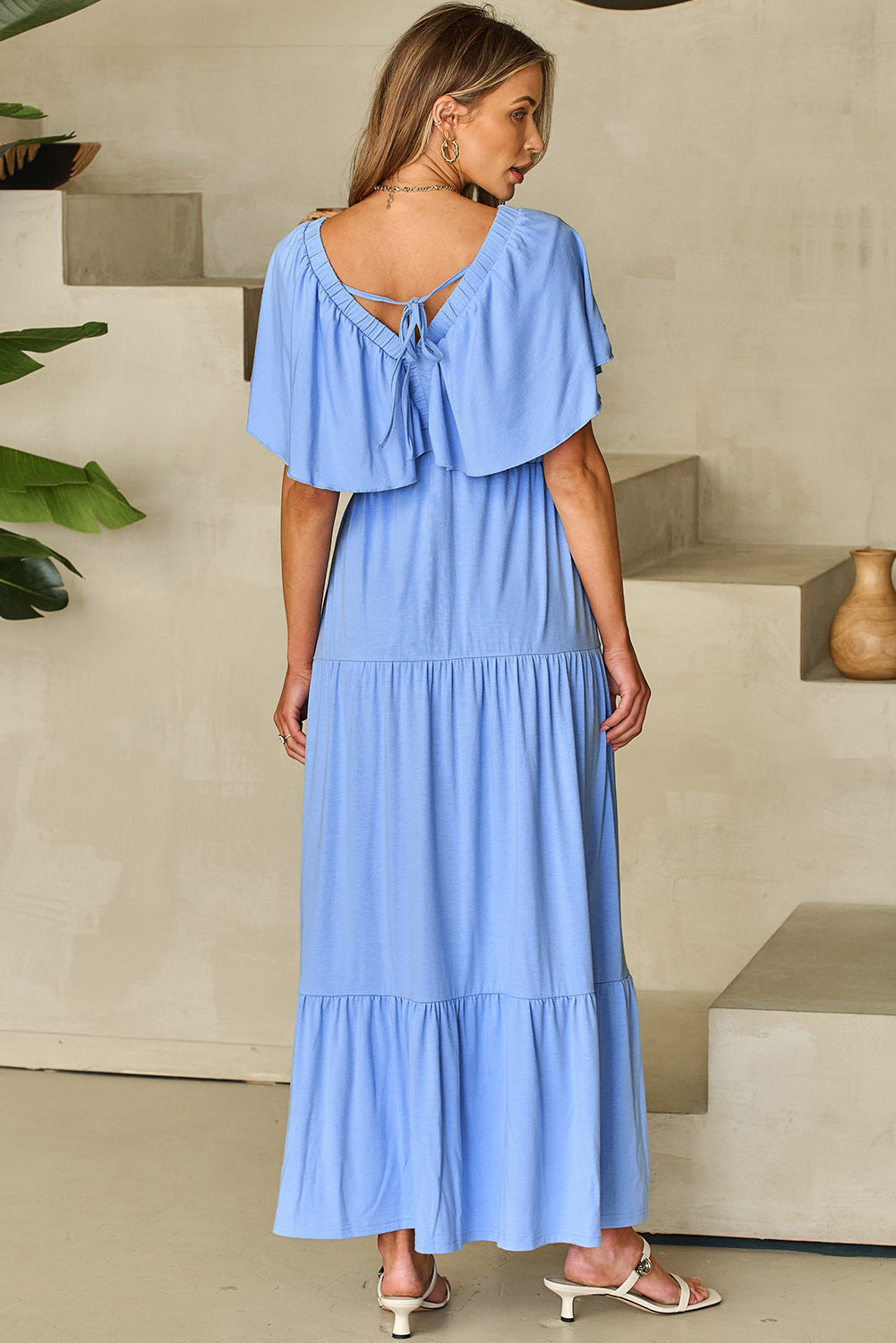 Sky Blue Flutter Sleeve Ruffled Maxi Dress