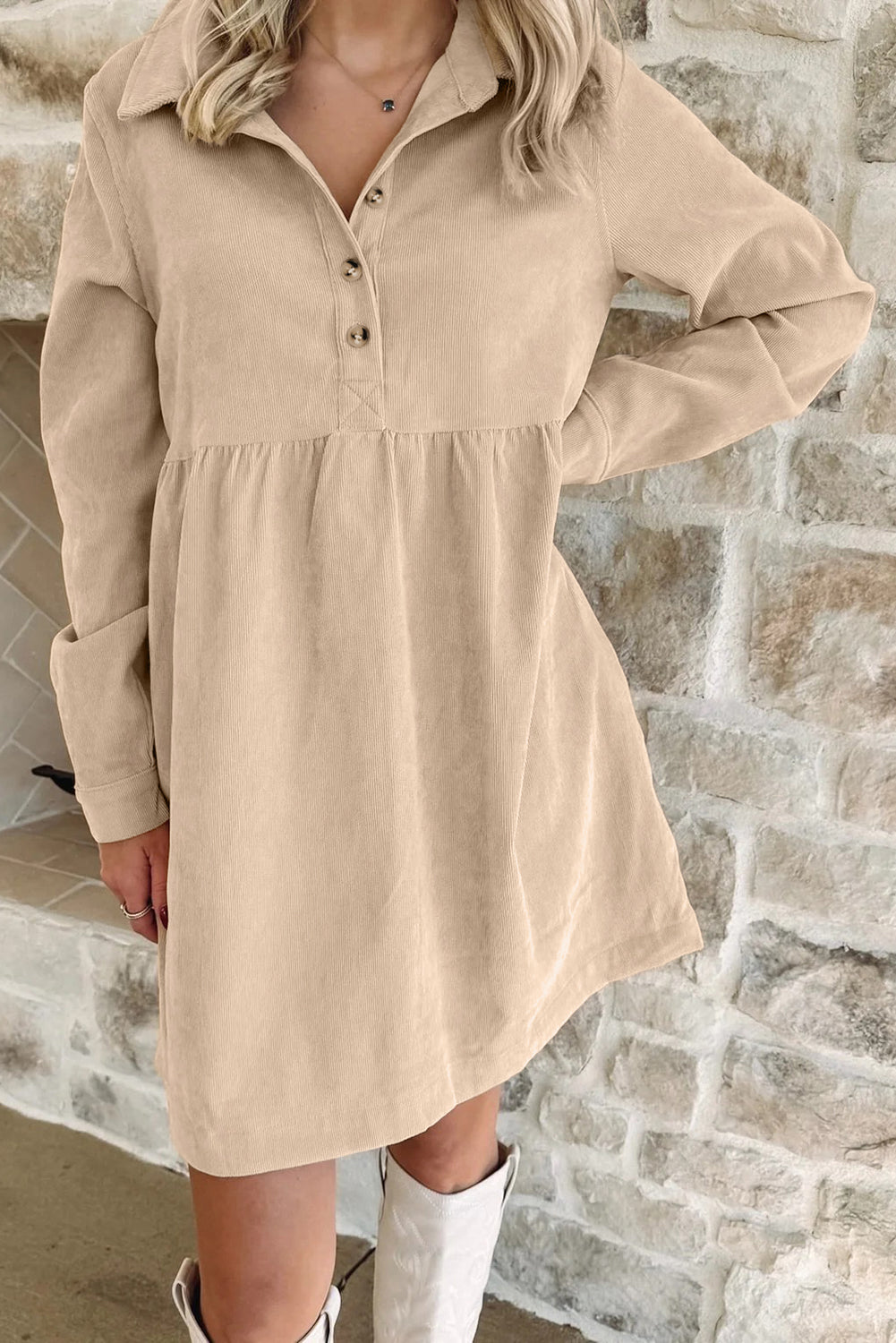 Button Corduroy Half Collared Long-Sleeved Mini Dress